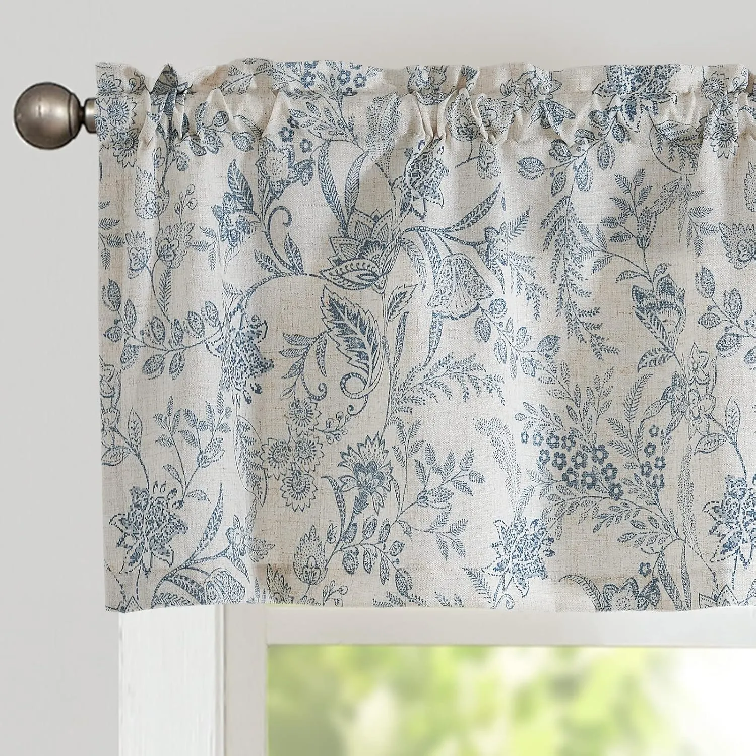 Lazzzy Kitchen Valance Curtain Linen Floral Farmhouse Valance for Living Room Bathroom Bedroom Country Valances Window Treatments Small Window Cafe Curtain 16 Inch Rod Pocket 1 Panel Blue on Beige