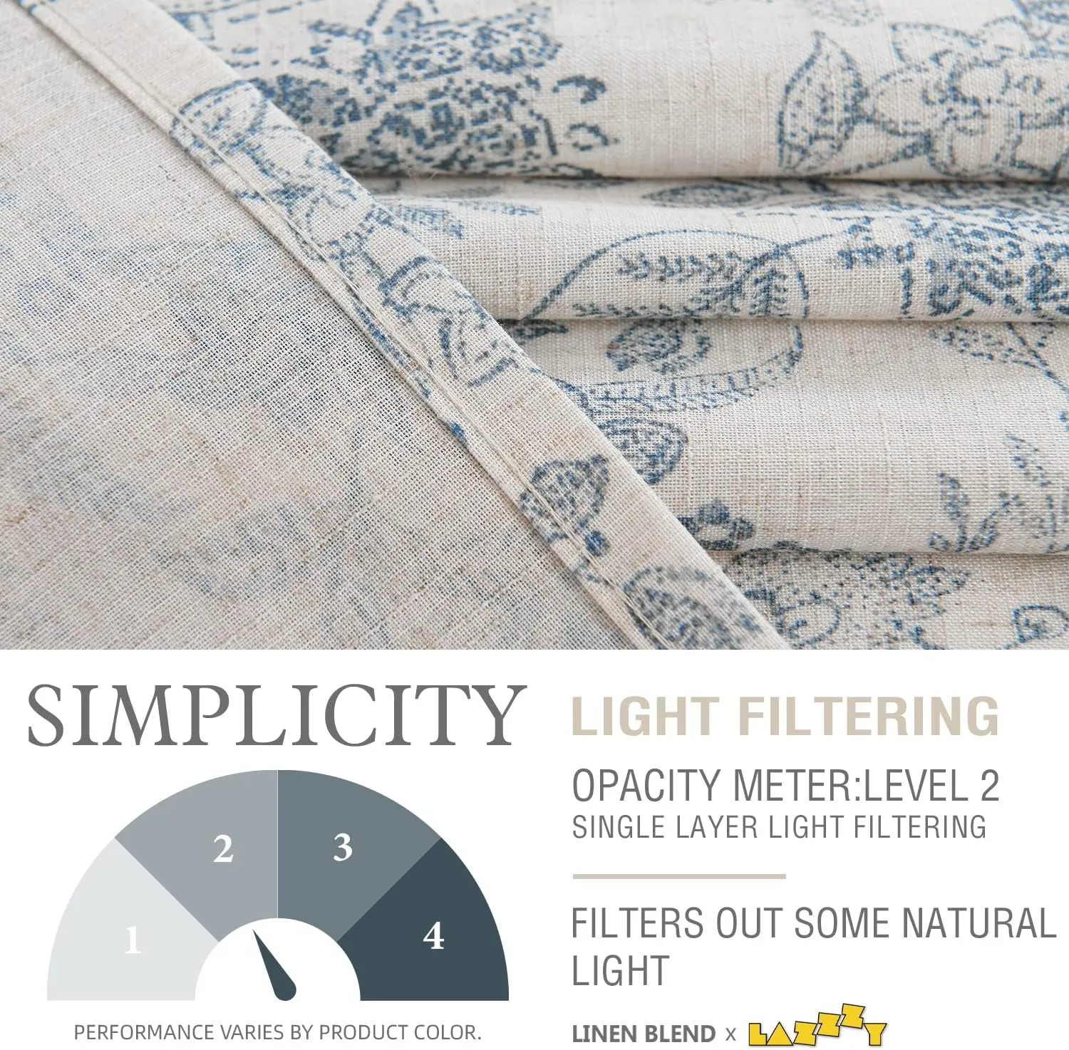 Lazzzy Linen Curtains Farmhouse Blue Floral Print 84 Inches Long Back Tab Drapes for Living Room Bedroom Semi Sheer Patterned Country Vintage 2 Panels Set Rod Pocket Blue on Beige