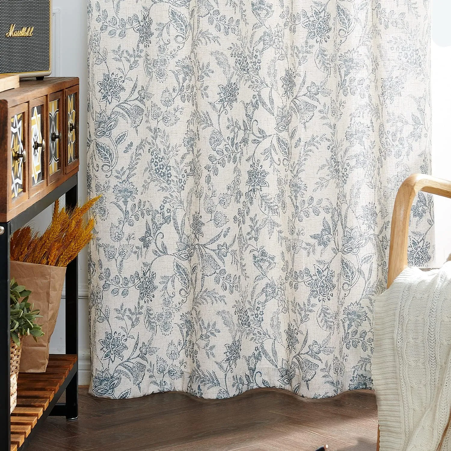 Lazzzy Linen Curtains Farmhouse Blue Floral Print 84 Inches Long Back Tab Drapes for Living Room Bedroom Semi Sheer Patterned Country Vintage 2 Panels Set Rod Pocket Blue on Beige
