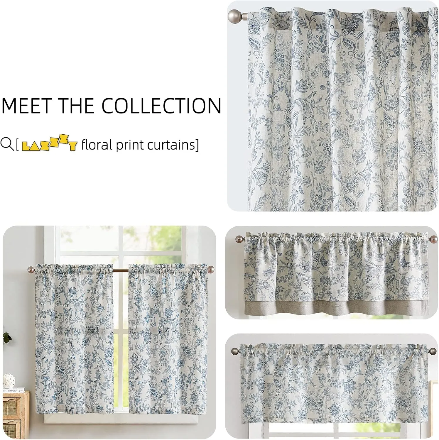 Lazzzy Linen Curtains Farmhouse Blue Floral Print 84 Inches Long Back Tab Drapes for Living Room Bedroom Semi Sheer Patterned Country Vintage 2 Panels Set Rod Pocket Blue on Beige