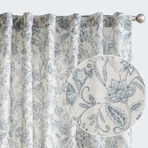 Lazzzy Linen Curtains Farmhouse Blue Floral Print 84 Inches Long Back Tab Drapes for Living Room Bedroom Semi Sheer Patterned Country Vintage 2 Panels Set Rod Pocket Blue on Beige