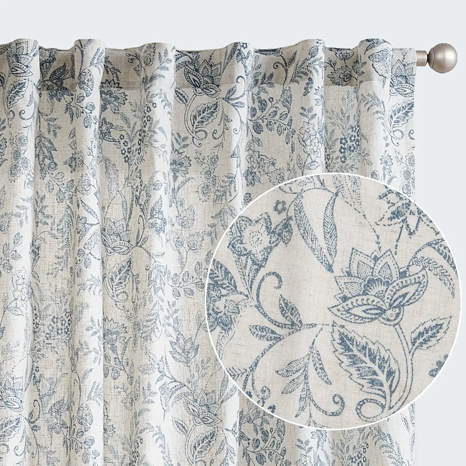 Lazzzy Linen Curtains Farmhouse Blue Floral Print 84 Inches Long Back Tab Drapes for Living Room Bedroom Semi Sheer Patterned Country Vintage 2 Panels Set Rod Pocket Blue on Beige