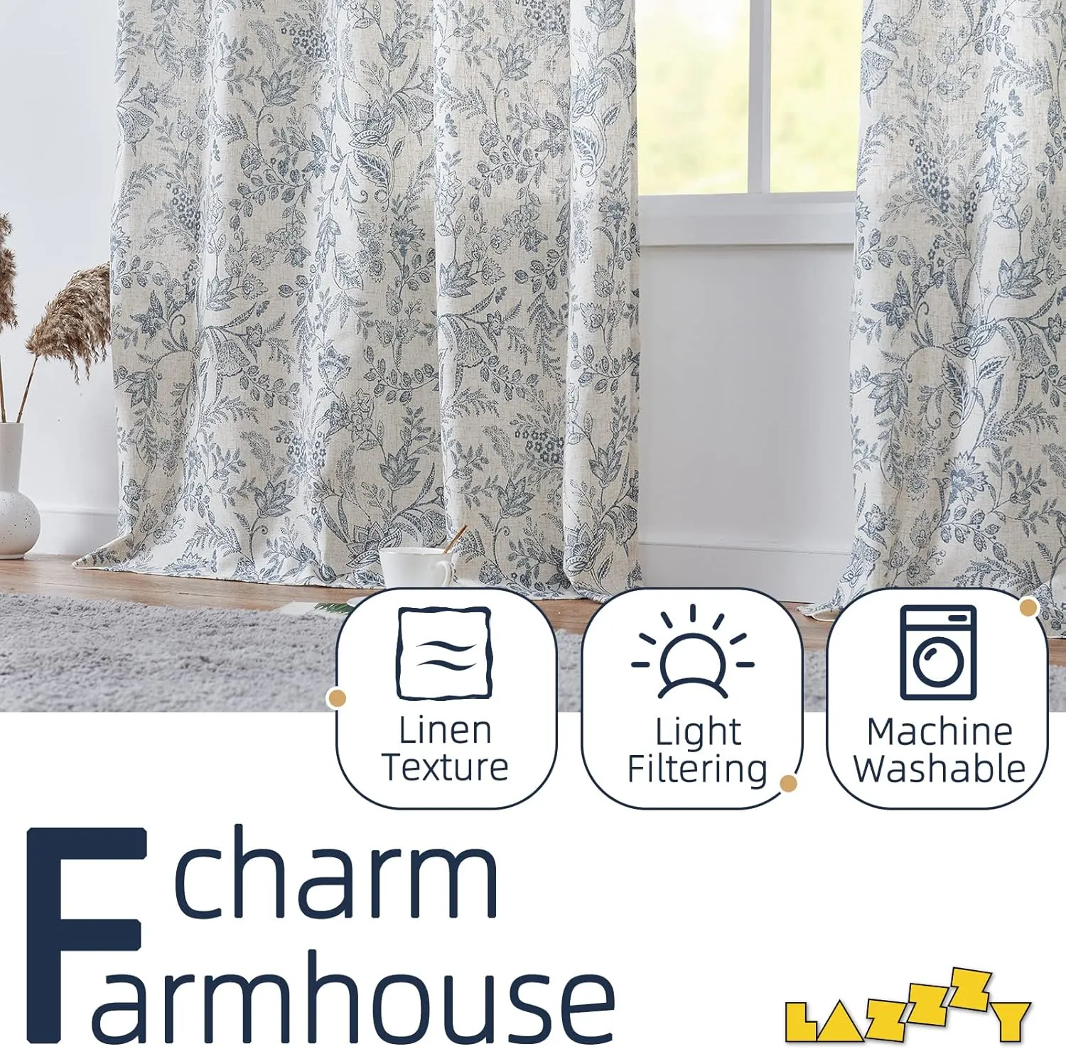 Lazzzy Linen Curtains Farmhouse Blue Floral Print 84 Inches Long Back Tab Drapes for Living Room Bedroom Semi Sheer Patterned Country Vintage 2 Panels Set Rod Pocket Blue on Beige