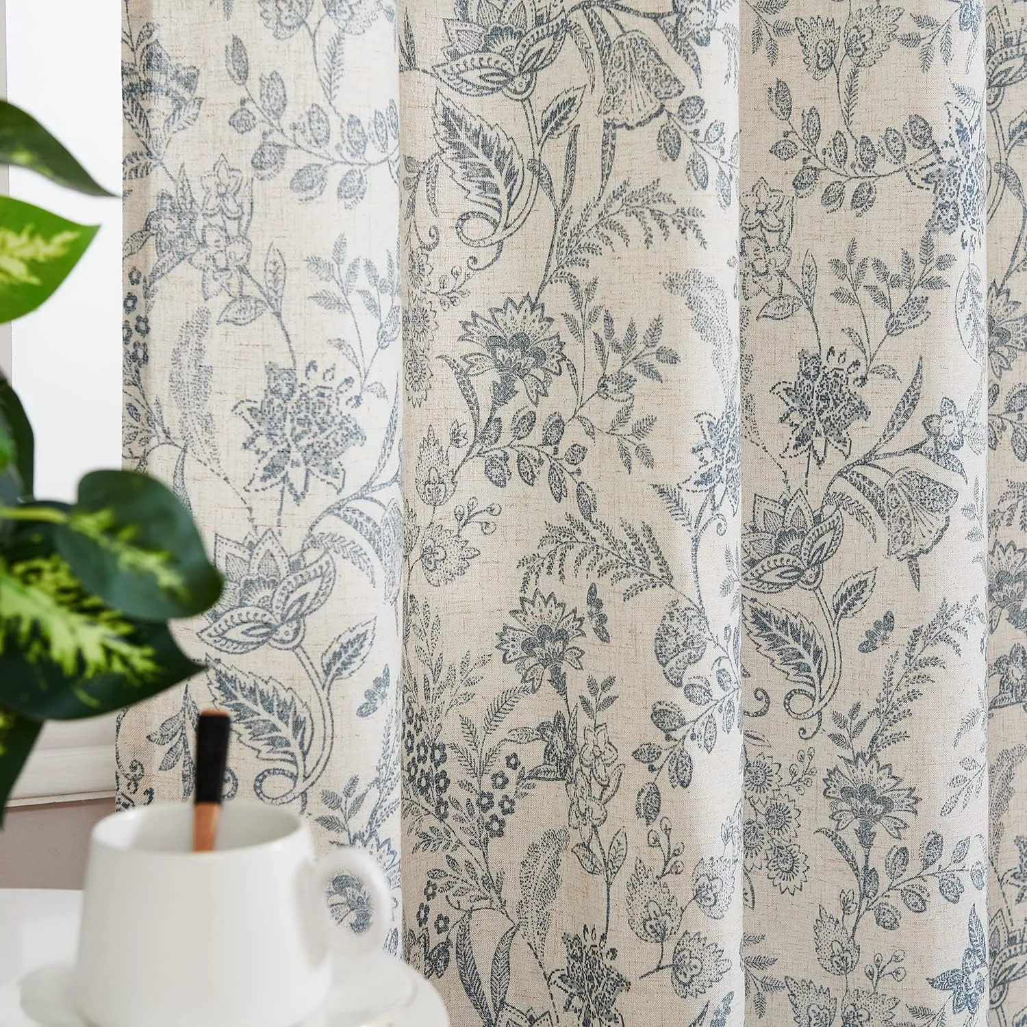 Lazzzy Linen Curtains Farmhouse Blue Floral Print 84 Inches Long Back Tab Drapes for Living Room Bedroom Semi Sheer Patterned Country Vintage 2 Panels Set Rod Pocket Blue on Beige
