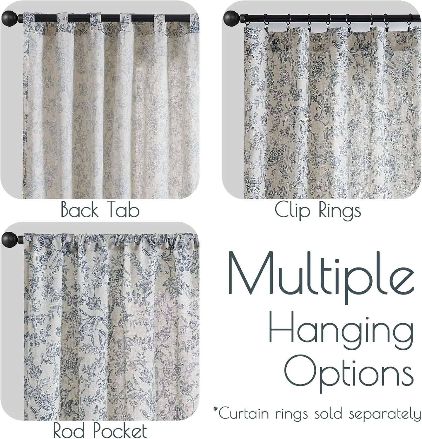 Lazzzy Linen Curtains Farmhouse Blue Floral Print 84 Inches Long Back Tab Drapes for Living Room Bedroom Semi Sheer Patterned Country Vintage 2 Panels Set Rod Pocket Blue on Beige