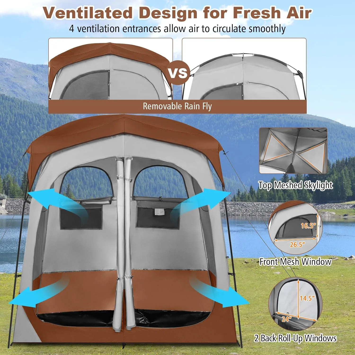 LDAILY Camping Shower Tent, 2 Room Instant Privacy Tent with Floor, Removable Rain Cover, Mesh Window, Inside Pocket and Clothesline, Portable Changing Room for Outdoor Toilet, Dressing