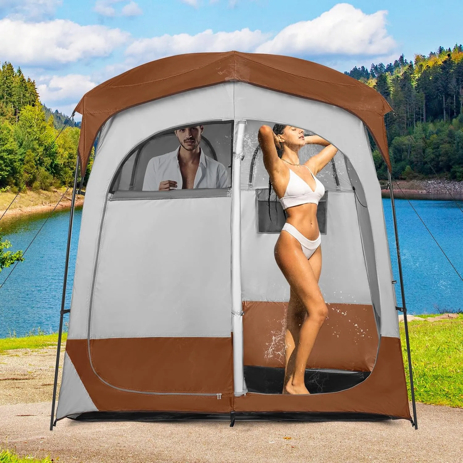 LDAILY Camping Shower Tent, 2 Room Instant Privacy Tent with Floor, Removable Rain Cover, Mesh Window, Inside Pocket and Clothesline, Portable Changing Room for Outdoor Toilet, Dressing