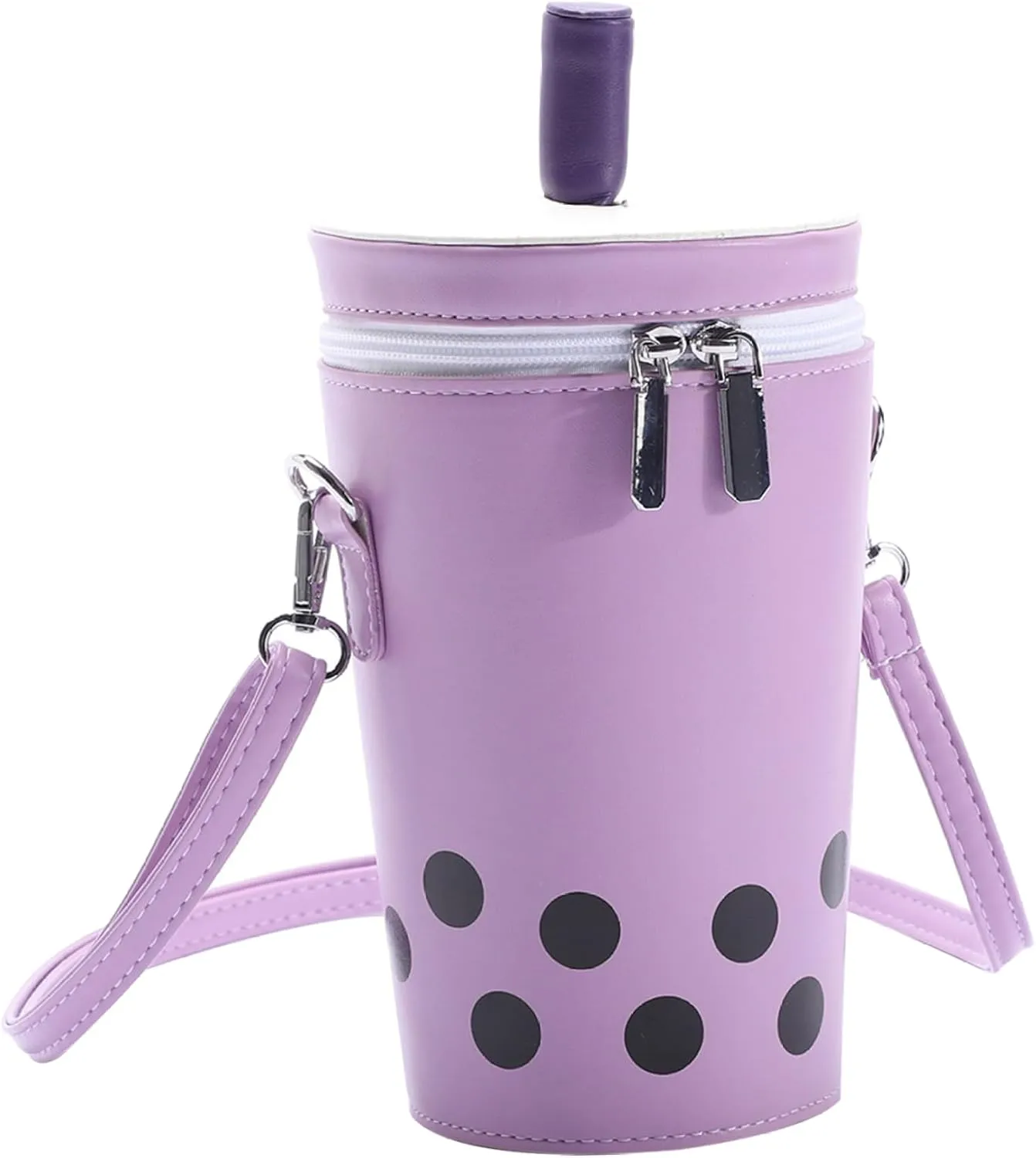 Leather Bags for Women, Cute Milk Tea Cup Shape Leather Purse with Straw, Crossbody Bag with Adjustable Strap, Zipper Shoulder Bag for Girls Women Gifts