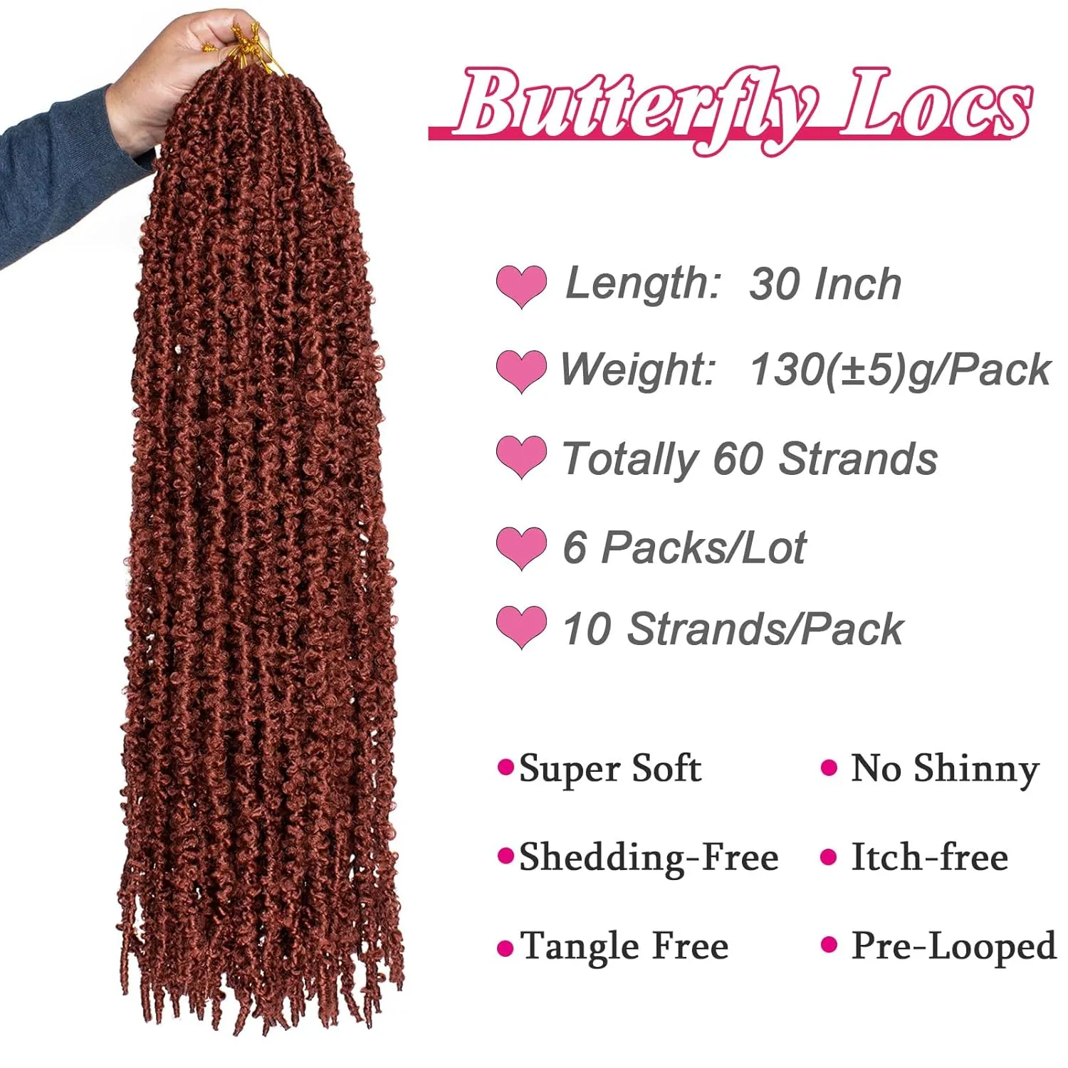 Leeven 30 Inch Copper Red Butterfly Locs - Crochet Hair with Goddess Braids - Distressed Faux Locs - 6 Packs - Pre Looped - For Women - 350#