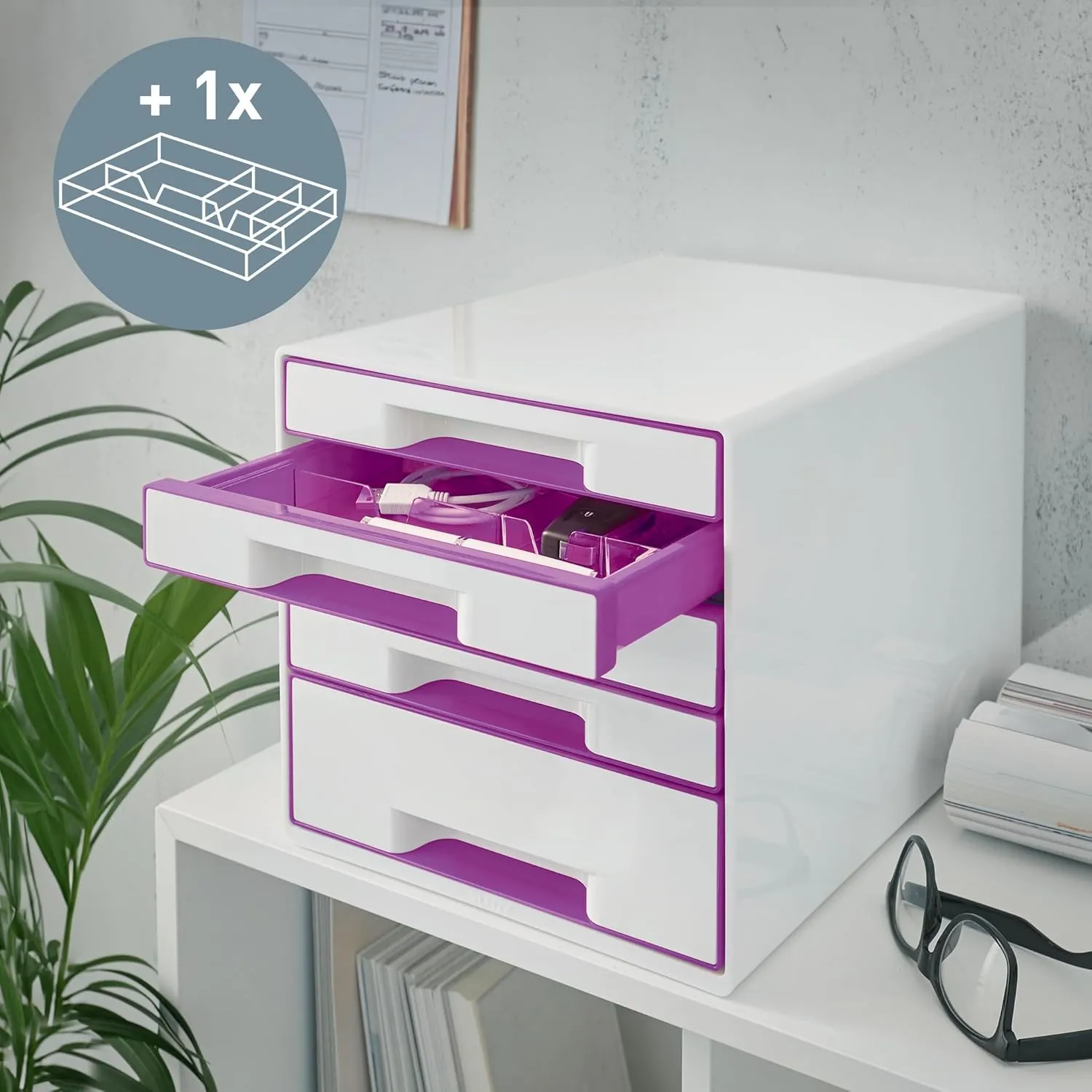 Leitz WOW Cube Storage Box with Drawers 5 Schubladen Violet Metallic