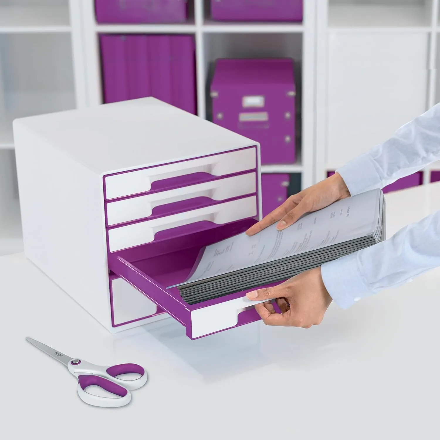 Leitz WOW Cube Storage Box with Drawers 5 Schubladen Violet Metallic