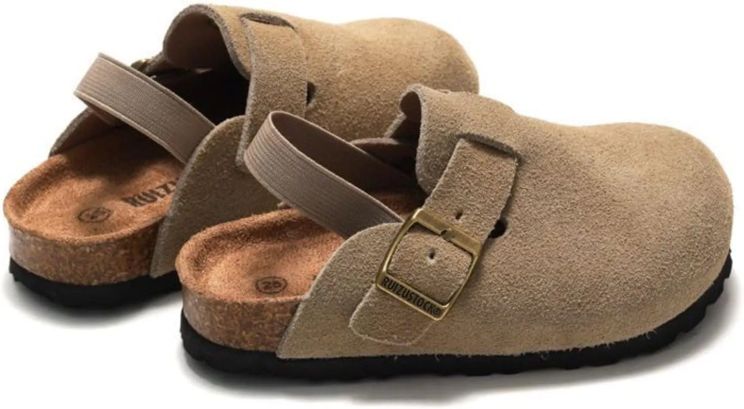 LEPHYON Toddler Clogs Kids Suede Clogs with Strap Boys Girls Sandals Cork Sole Adjustable Buckles Comfortable Slippers Slip-on Mules