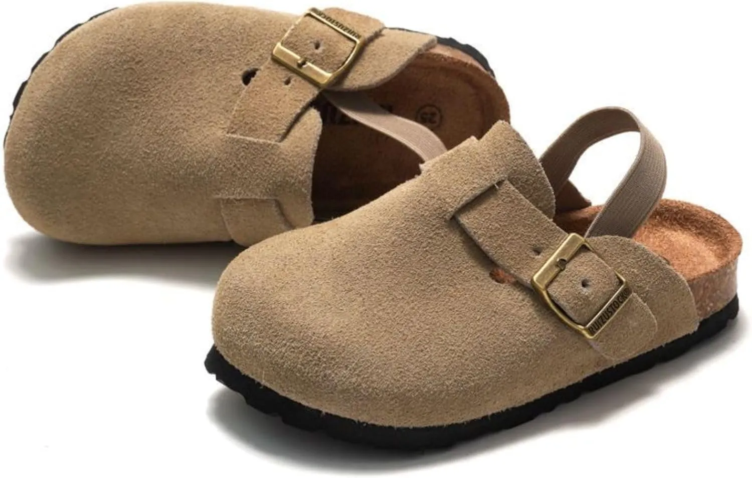 LEPHYON Toddler Clogs Kids Suede Clogs with Strap Boys Girls Sandals Cork Sole Adjustable Buckles Comfortable Slippers Slip-on Mules