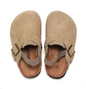 LEPHYON Toddler Clogs Kids Suede Clogs with Strap Boys Girls Sandals Cork Sole Adjustable Buckles Comfortable Slippers Slip-on Mules