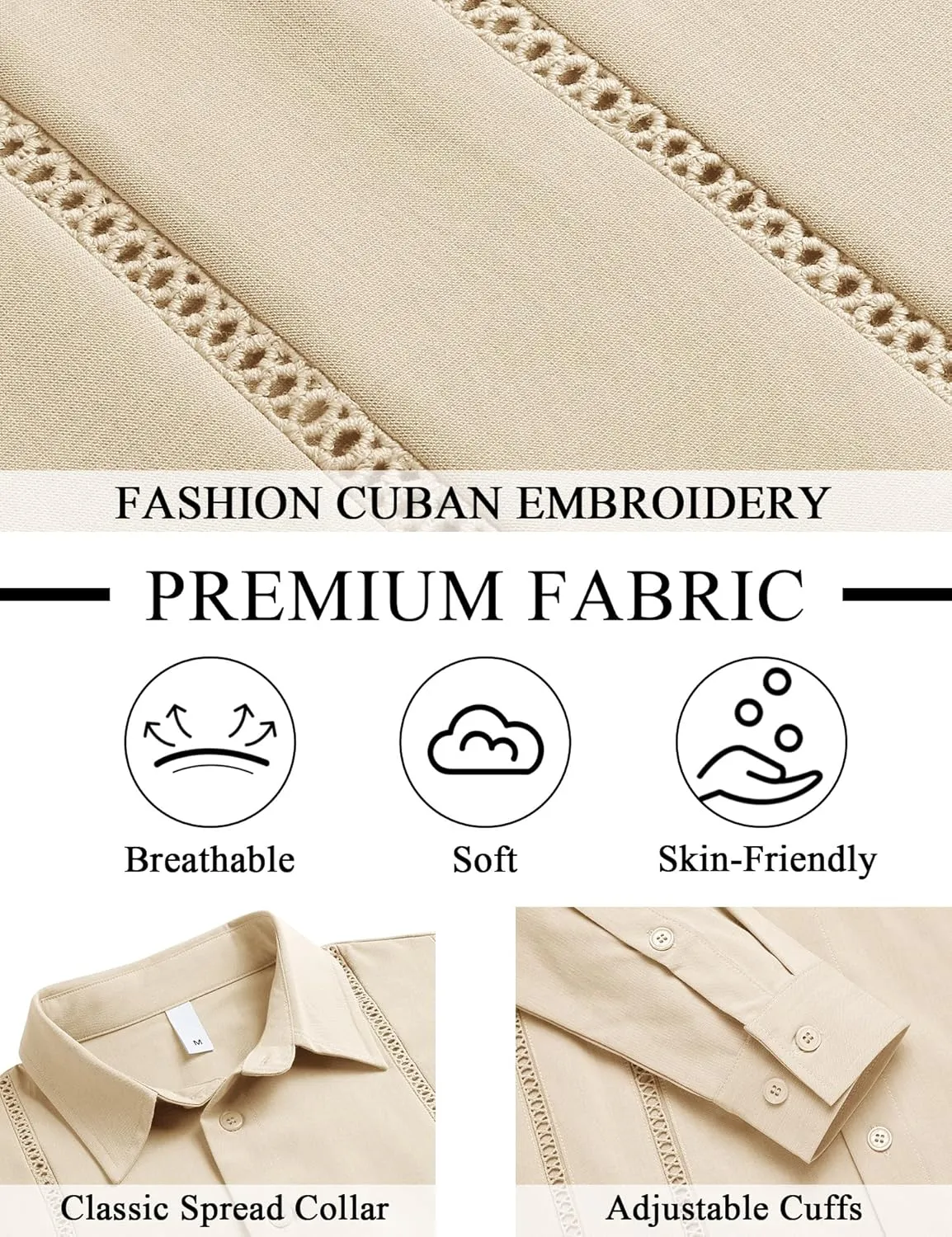 LETSEE Men's Cuban Guayabera Shirt Long Sleeve Button Down Shirt Casual Dress Colthes Beach Linen Tops