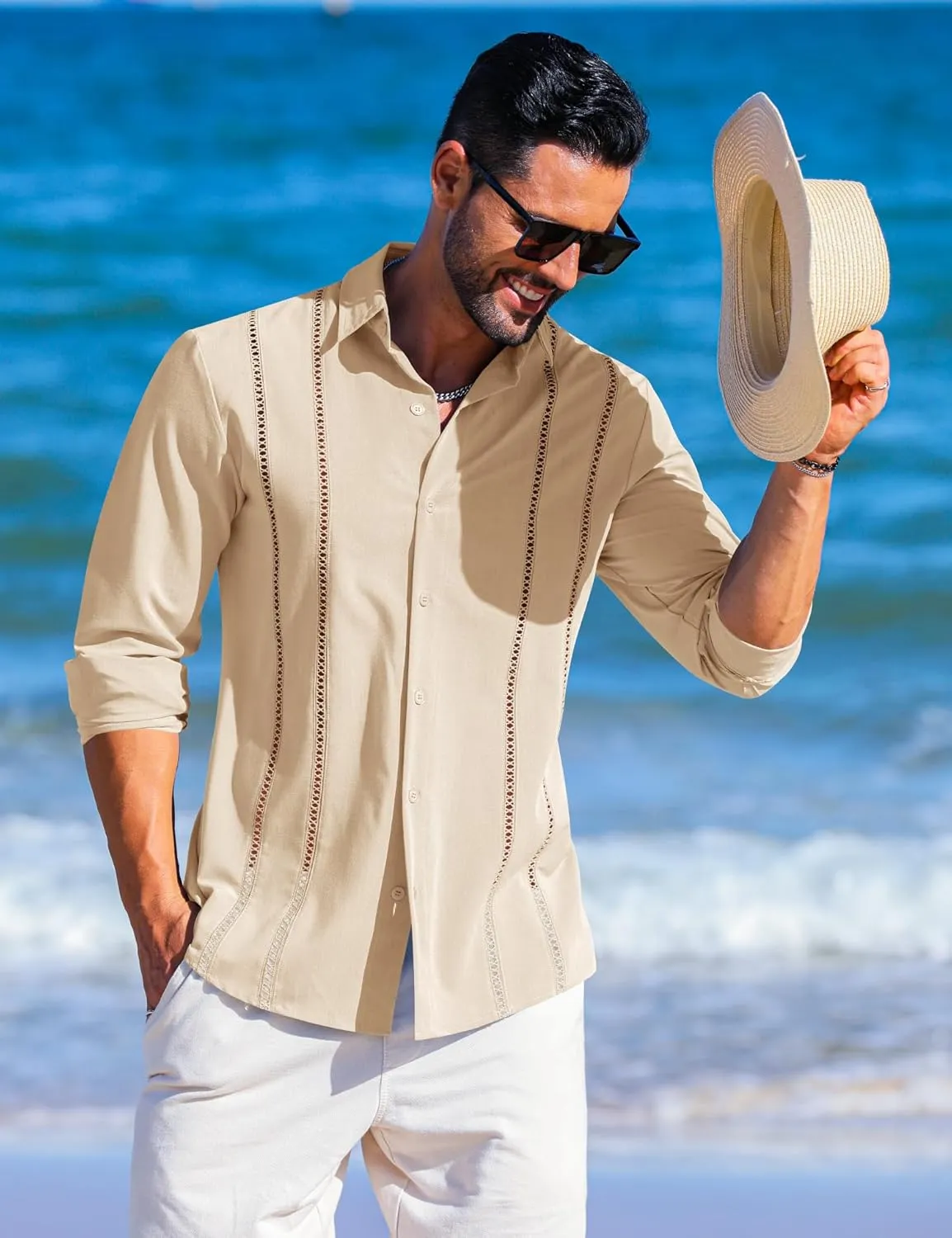 LETSEE Men's Cuban Guayabera Shirt Long Sleeve Button Down Shirt Casual Dress Colthes Beach Linen Tops