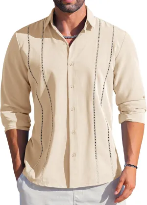 LETSEE Men's Cuban Guayabera Shirt Long Sleeve Button Down Shirt Casual Dress Colthes Beach Linen Tops