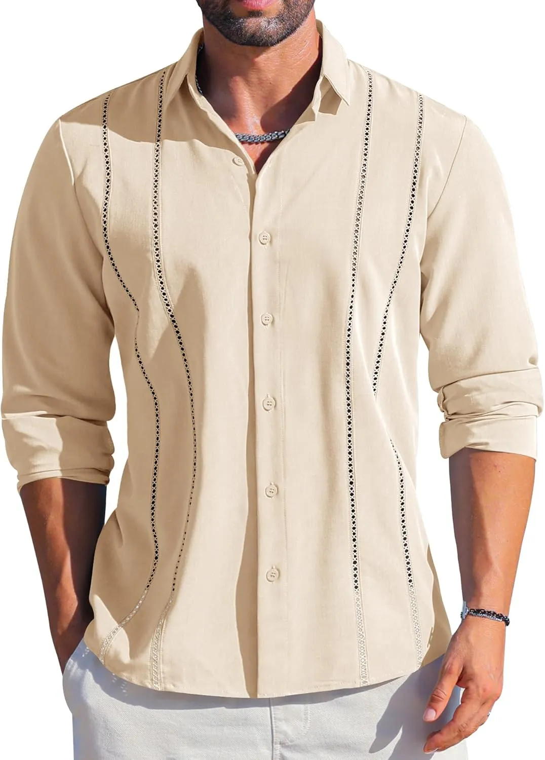 LETSEE Men's Cuban Guayabera Shirt Long Sleeve Button Down Shirt Casual Dress Colthes Beach Linen Tops