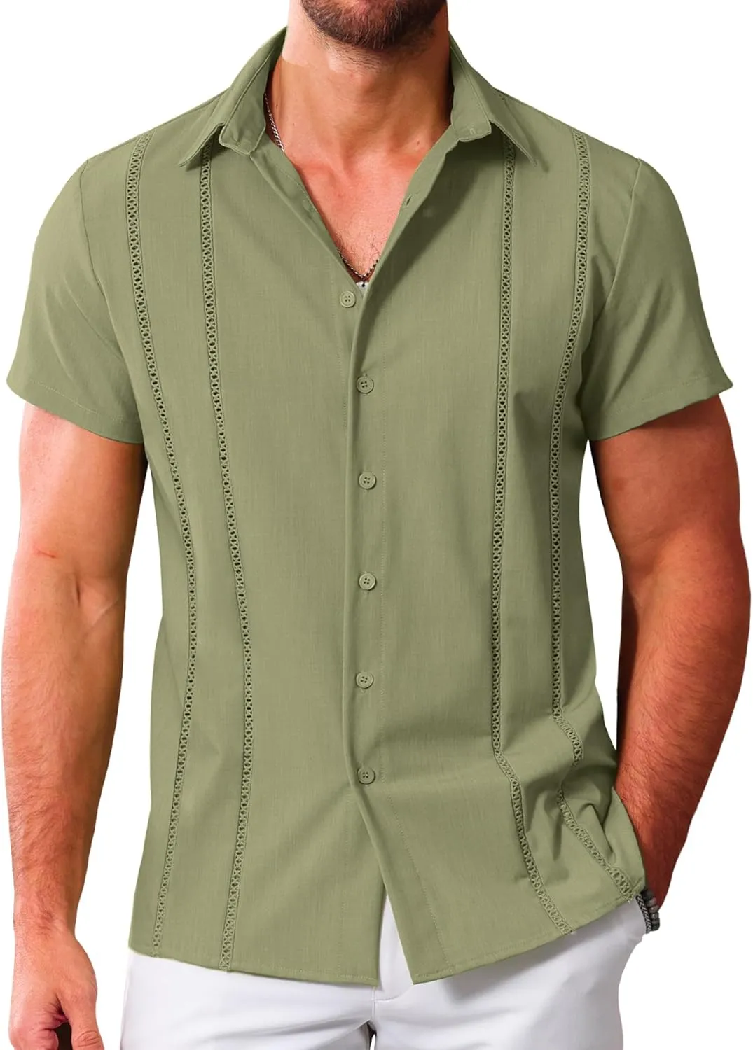 LETSEE Men's Cuban Guayabera Shirt Short Sleeve Casual Button Down Shirts Summer Beach Linen Shirts