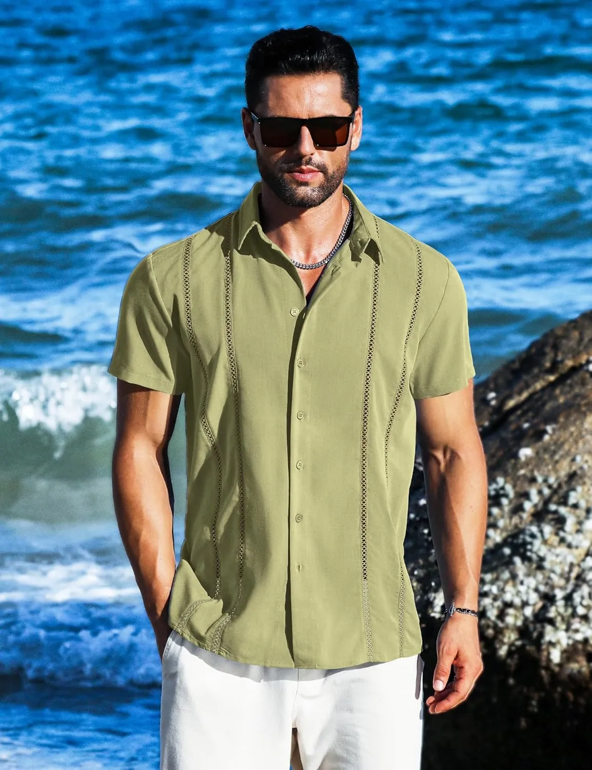 LETSEE Men's Cuban Guayabera Shirt Short Sleeve Casual Button Down Shirts Summer Beach Linen Shirts