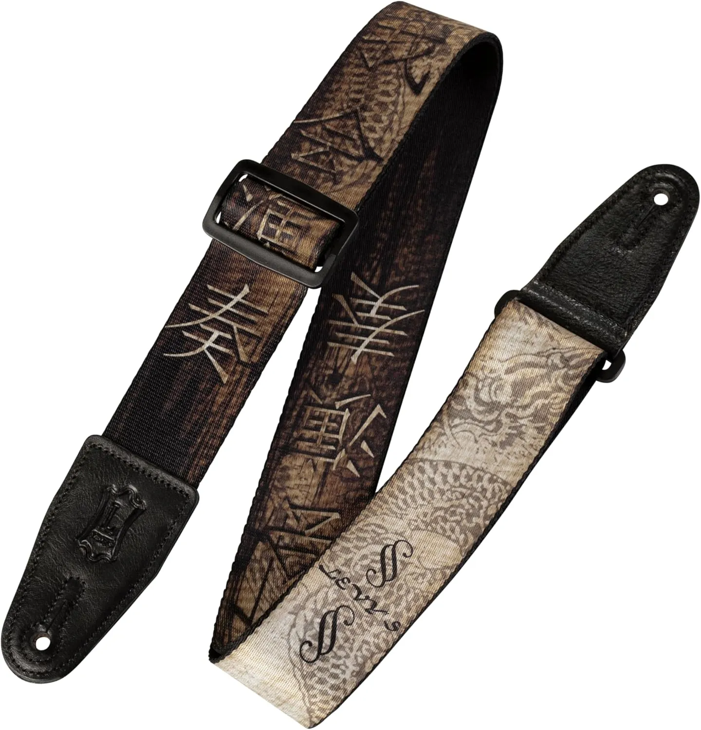 Levy's Leathers 2" Wide Polyester Guitar Strap with Genuine Leather Ends; Dragon and Chinese Hanzi Motif (MPD2-012)