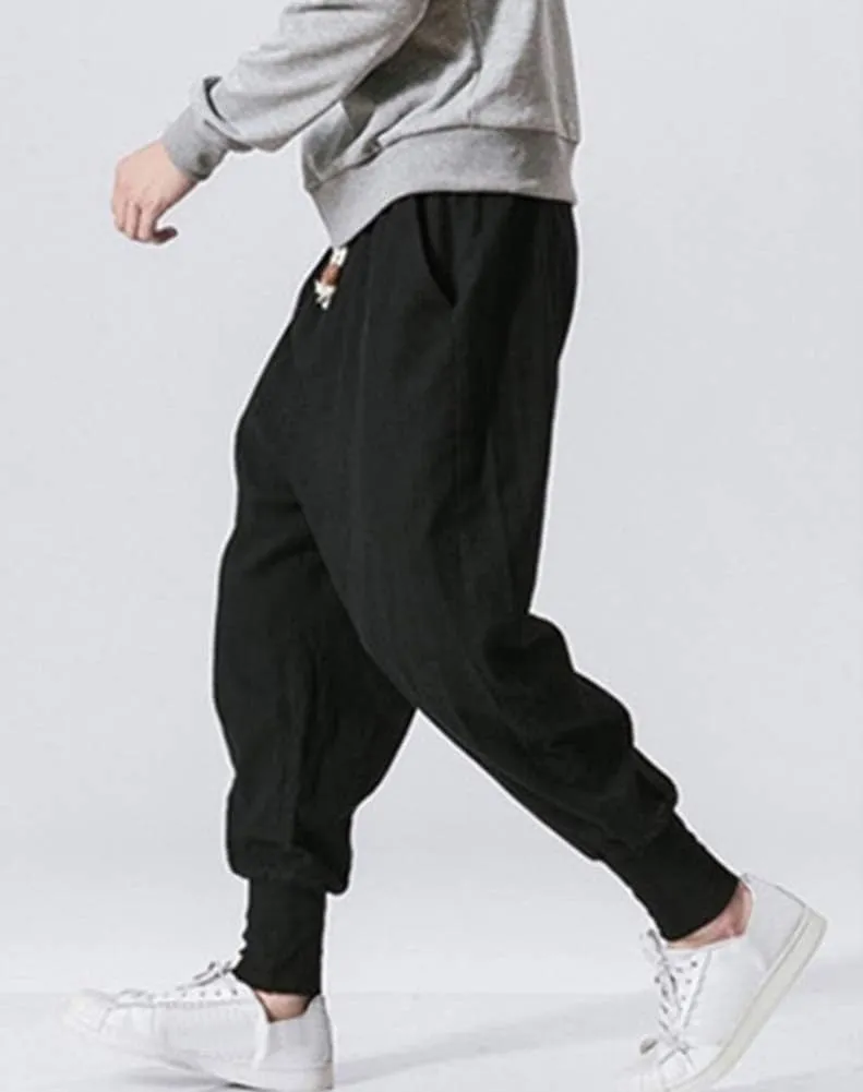 LifeHe Men Linen Drop Crotch Wide Leg Baggy Harem Pants