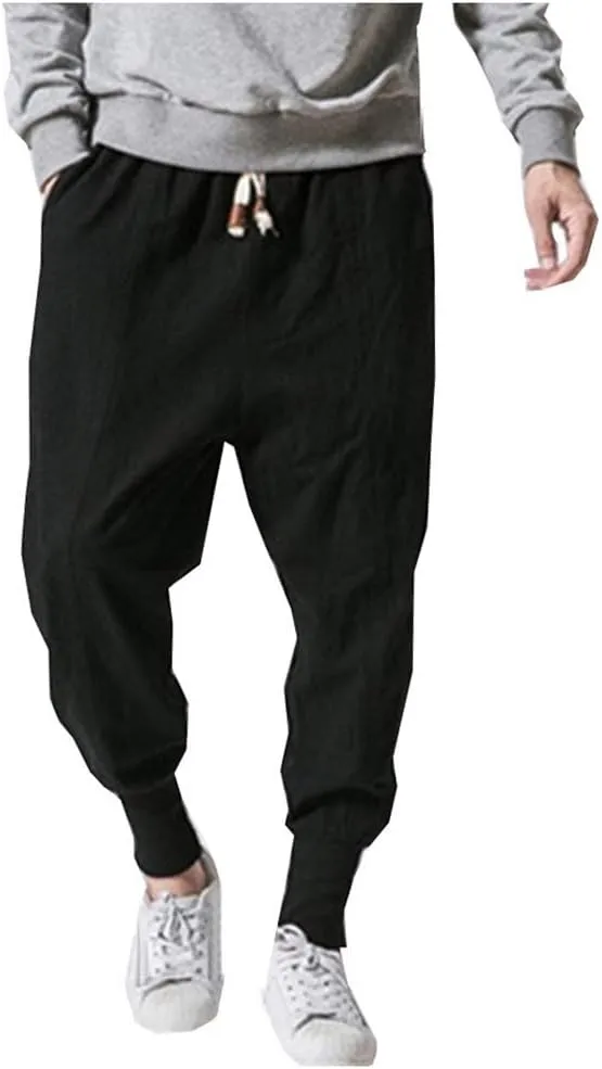 LifeHe Men Linen Drop Crotch Wide Leg Baggy Harem Pants