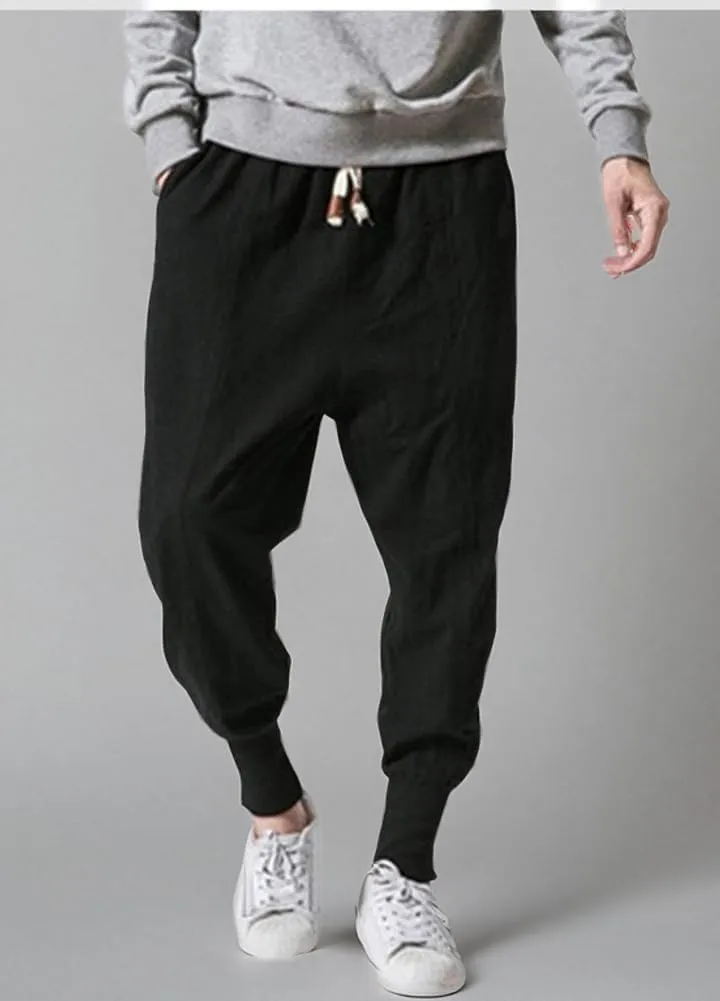 LifeHe Men Linen Drop Crotch Wide Leg Baggy Harem Pants