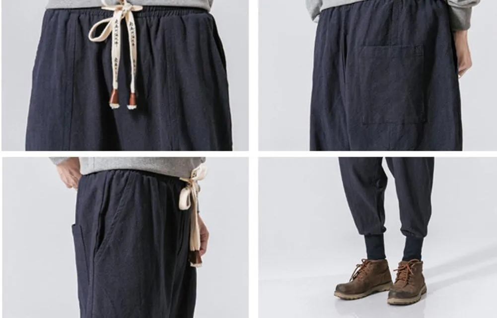 LifeHe Men Linen Drop Crotch Wide Leg Baggy Harem Pants