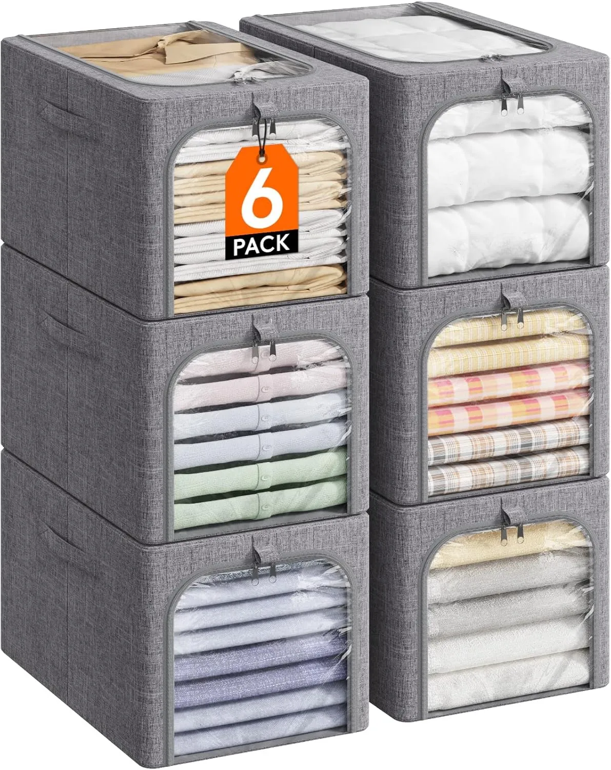 Lifewit 6 Pack Clothes Storage Bins with Metal Frame, Foldable Clothing Storage Bins with Lids, 40L Stackable Storage Box Storage Bags Fabric Bins Organizer with Clear Window＆ Zippers＆ Sturdy Handles