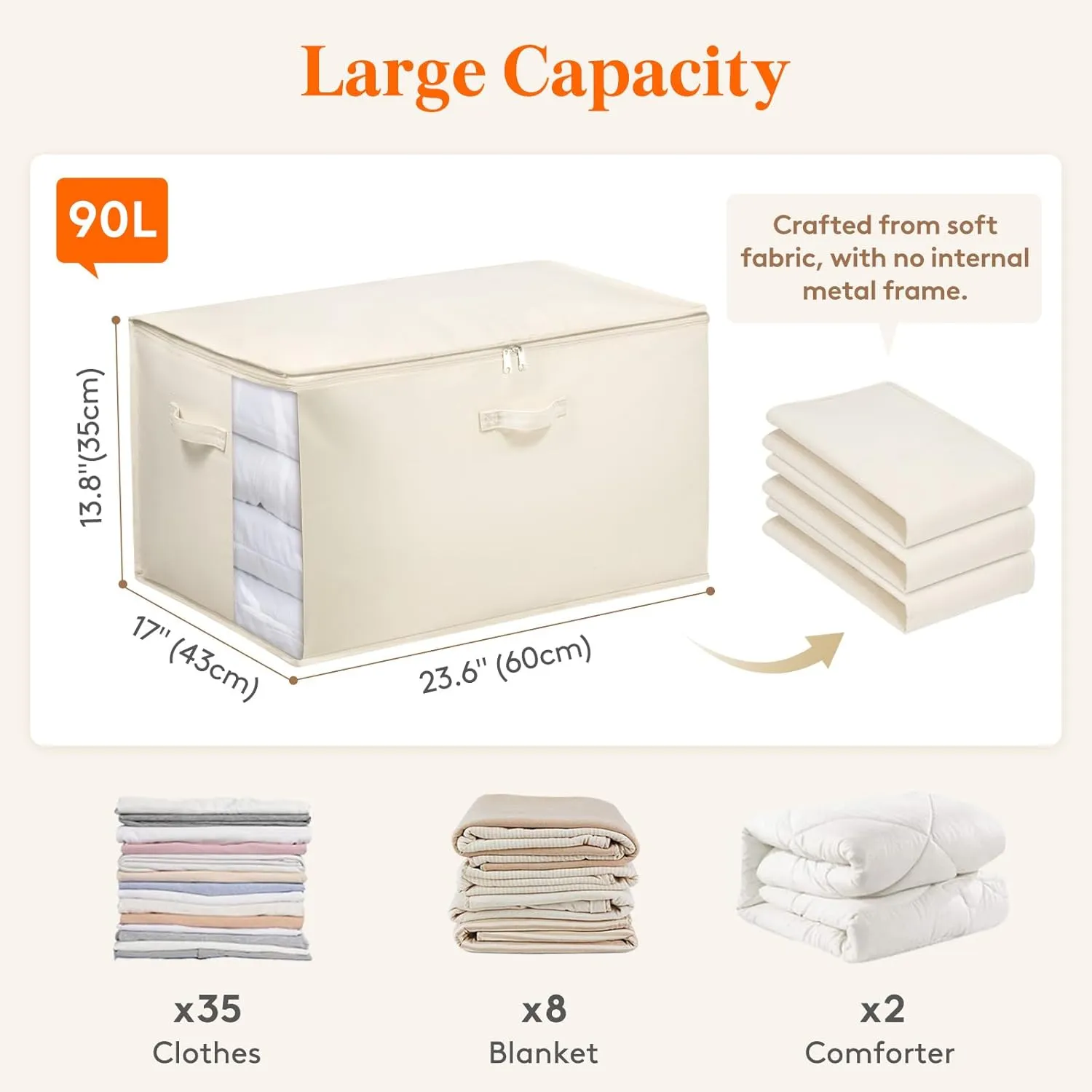 Lifewit 90L Large Canvas Comforter Storage Bags for Clothes, 6 Pack Cotton Linen Clothing Storage with Zipper, Blanket Storage with Three Sturdy Handles, Storage Containers for Sweaters Bedding Duvets