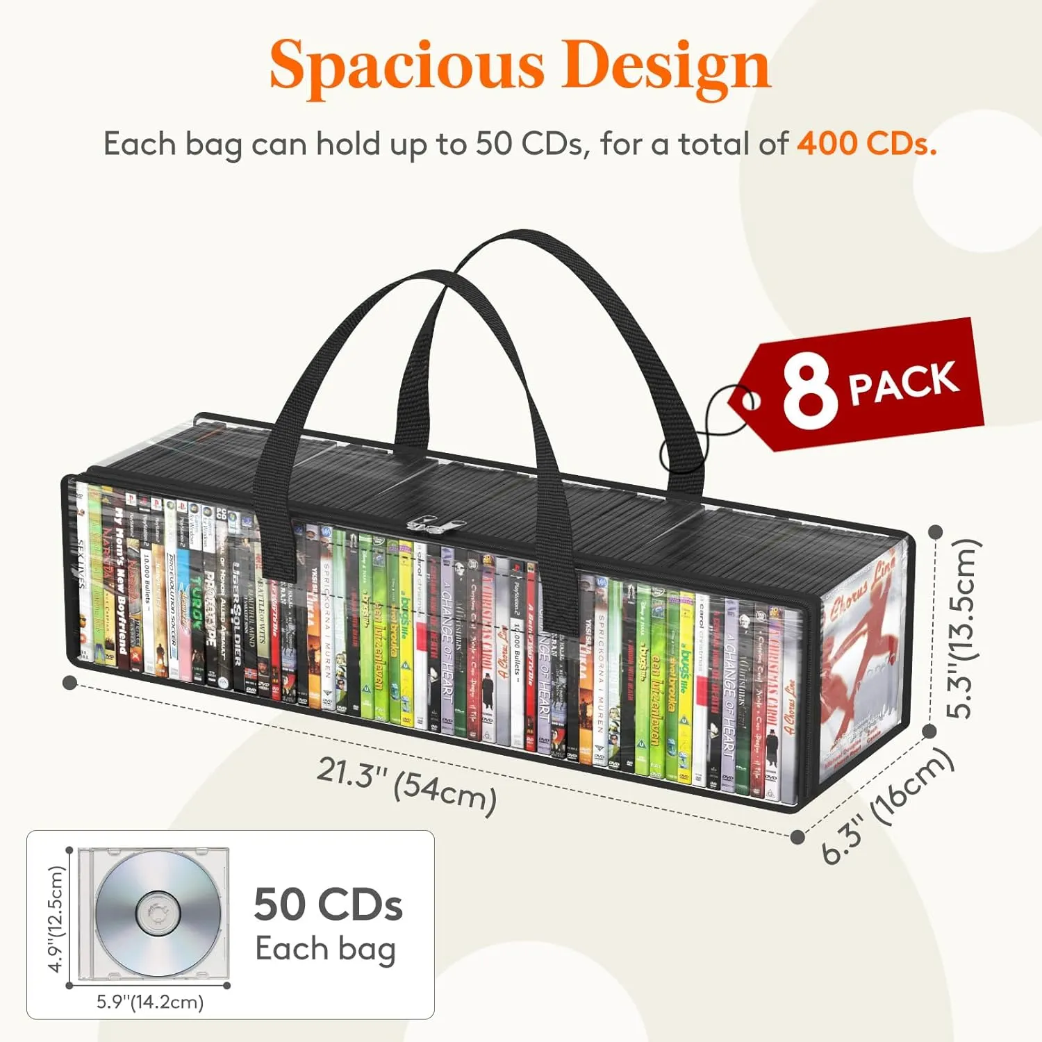 Lifewit CD Storage Bags 8 Pcs, Clear All PVC Plastic DVD Organizer with Carrying Handles and Zipper, Water Resistant Media Holder Case for CDs, Albums, Hold up to 400 CDs (50 Each)