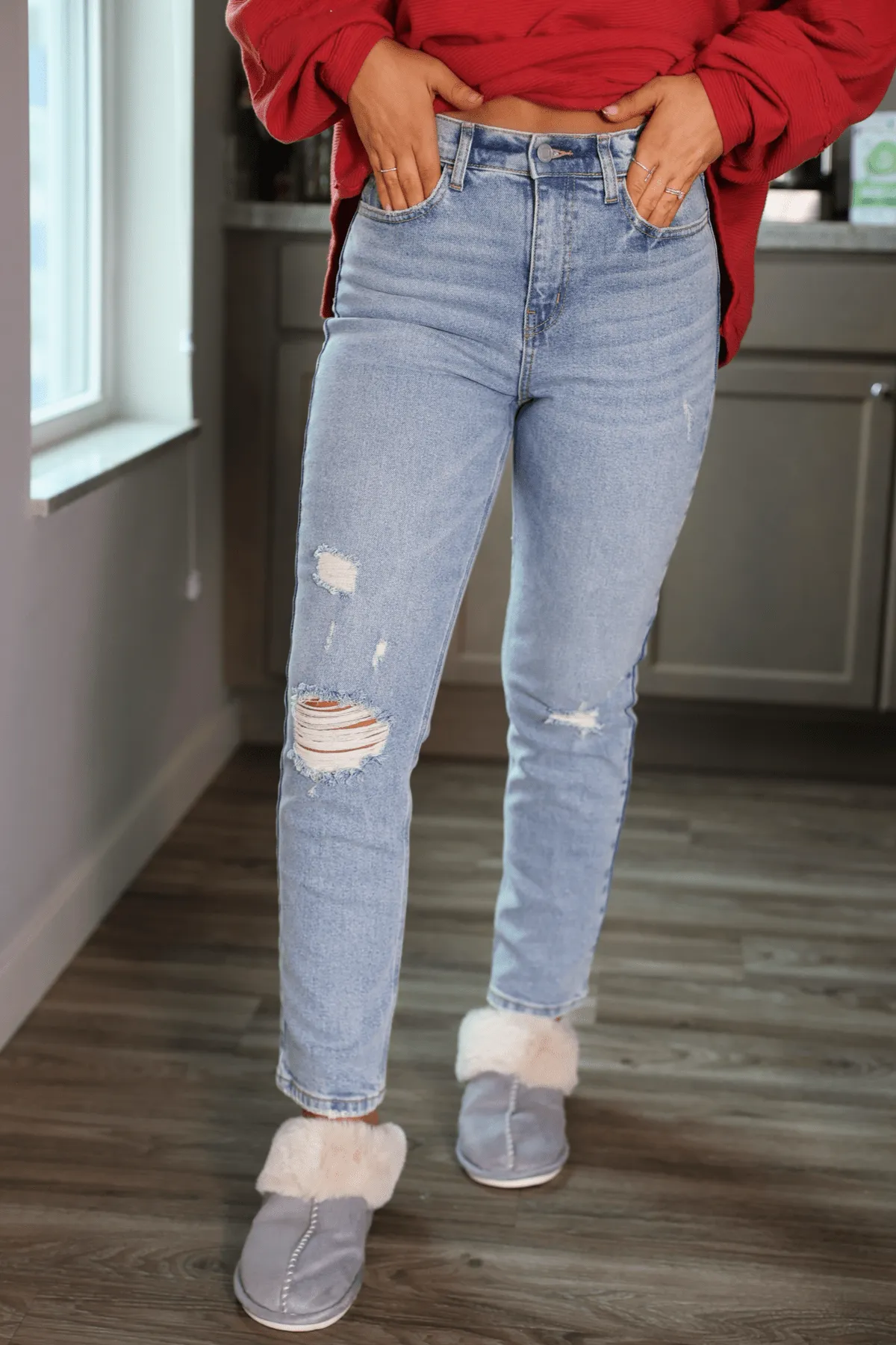 Light Wash Destructed Straight Leg Jeans - FINAL SALE