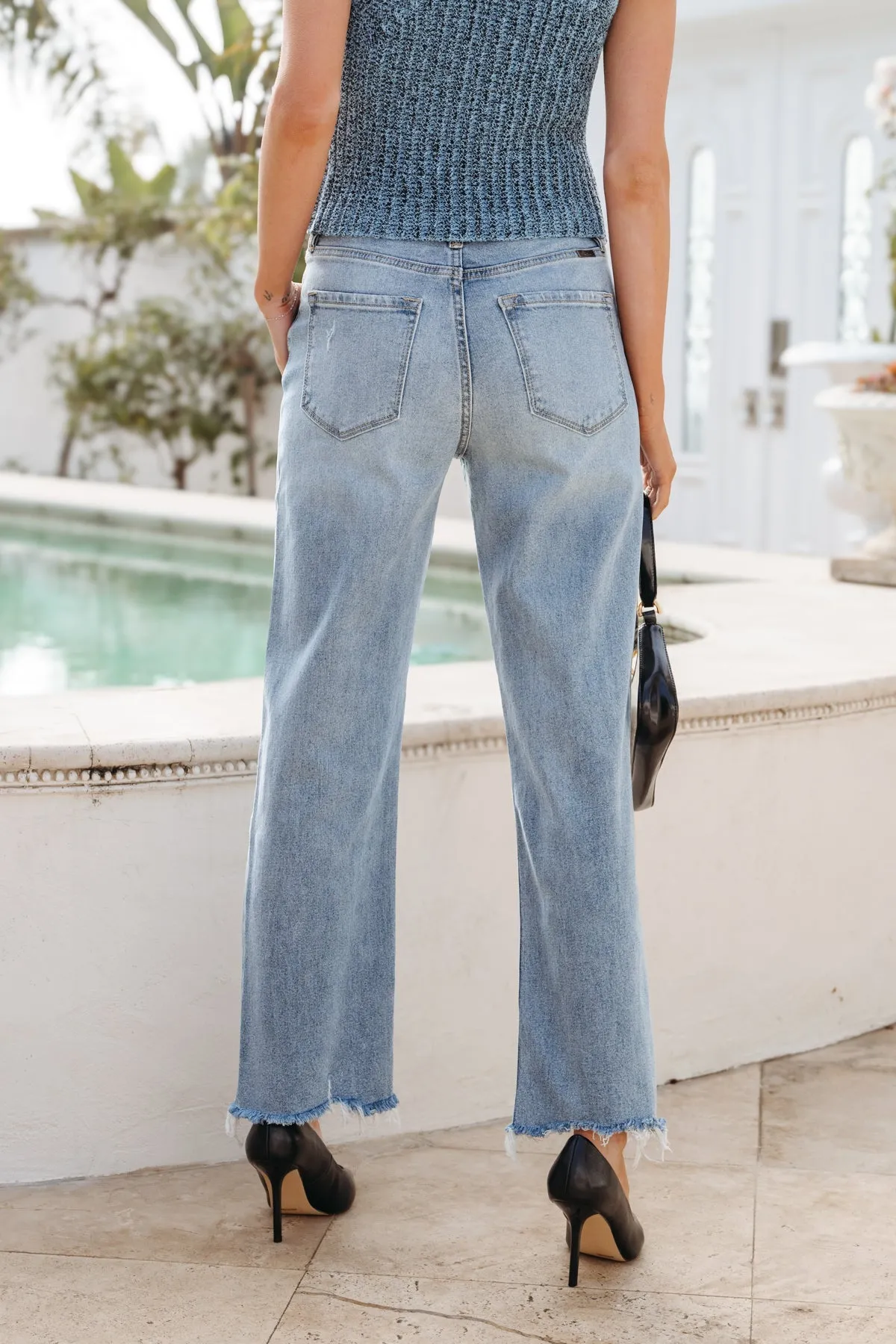 Light Wash Frayed Hem Wide Leg Jeans - FINAL SALE