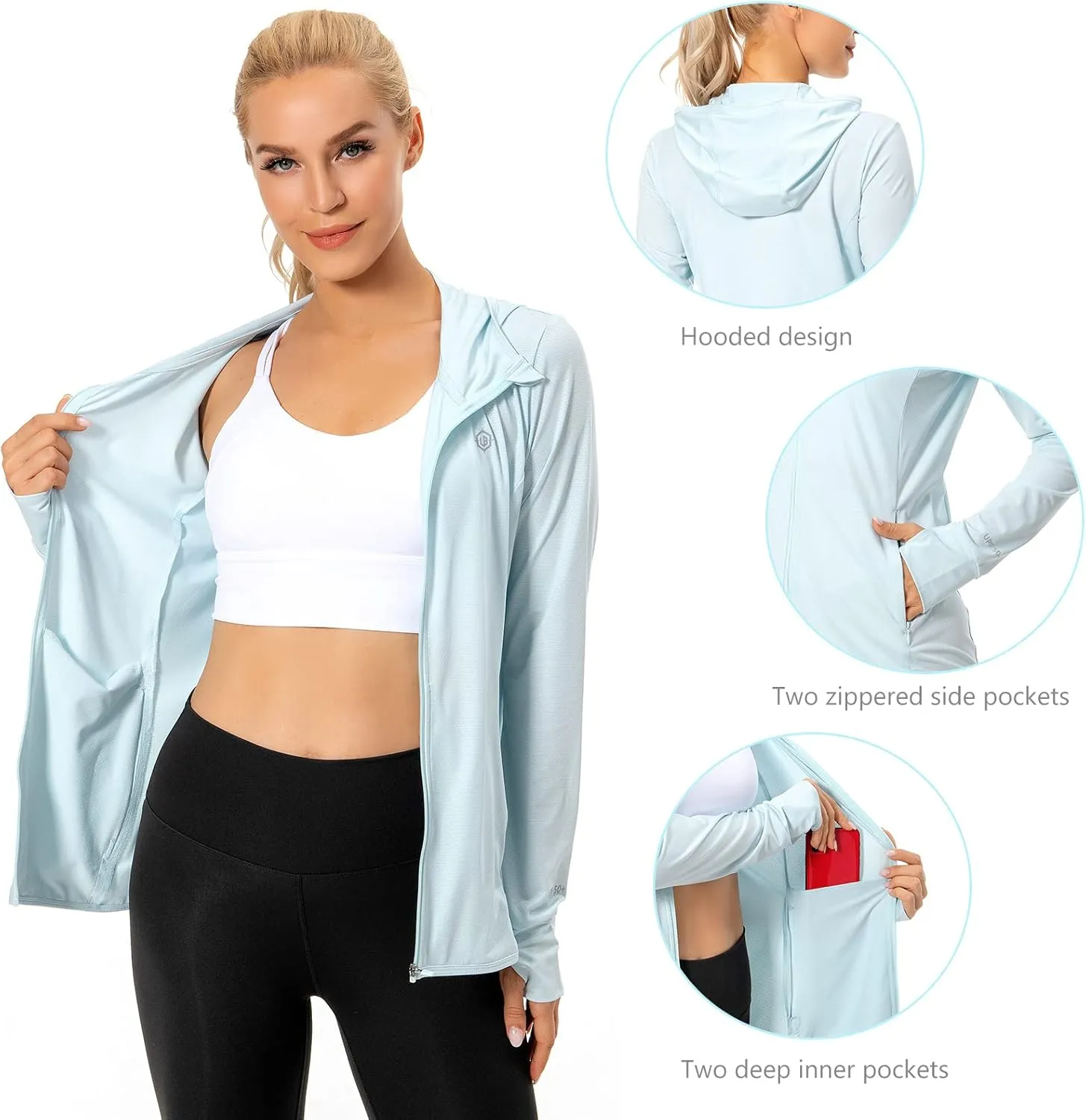 Lightbare Women's UPF 50  Full Zip Hoodie Jacket Long Sleeve Hooded Sun Shirt with Pockets