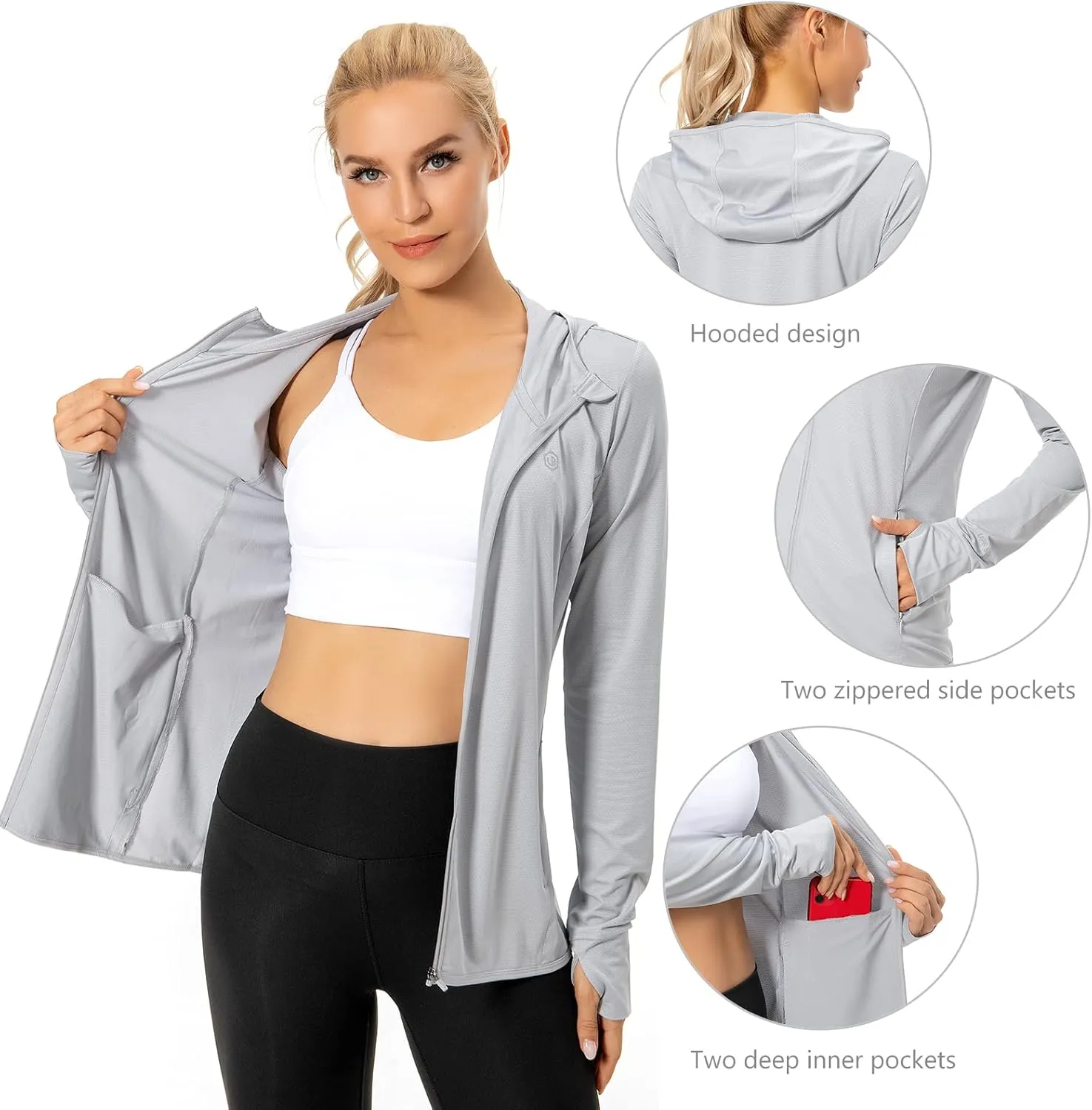 Lightbare Women's UPF 50  Full Zip Hoodie Jacket Long Sleeve Hooded Sun Shirt with Pockets