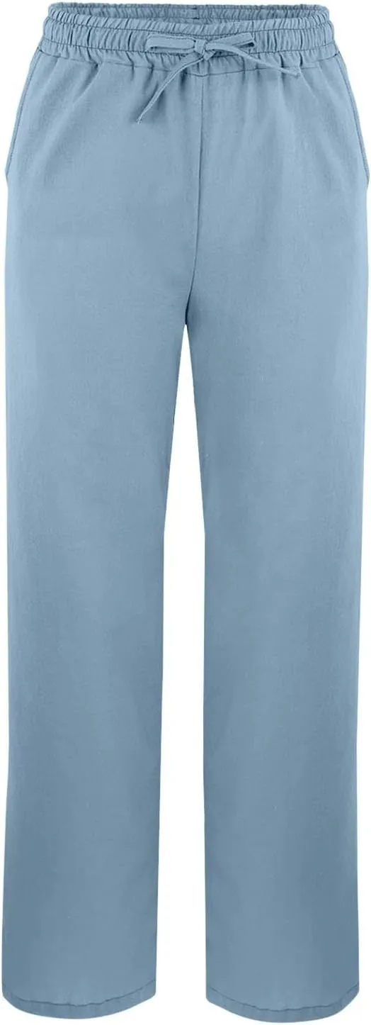 Lightweight Casual Linen Pants for Women Summer Stretchy Drawstring Hem Ankle Trousers Travel Beach Home Casual Pants