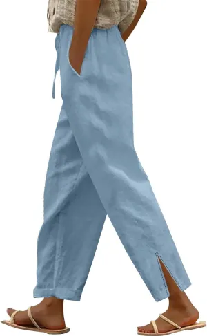 Lightweight Casual Linen Pants for Women Summer Stretchy Drawstring Hem Ankle Trousers Travel Beach Home Casual Pants