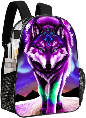 Lightweight Daypack for Camping Business Walking Cycling - Large Capacity Transparent Multipurpose Bookbag, Mountain And Northern Light Wolves Psychedelic Art Gym Outdoor Hiking Backpack