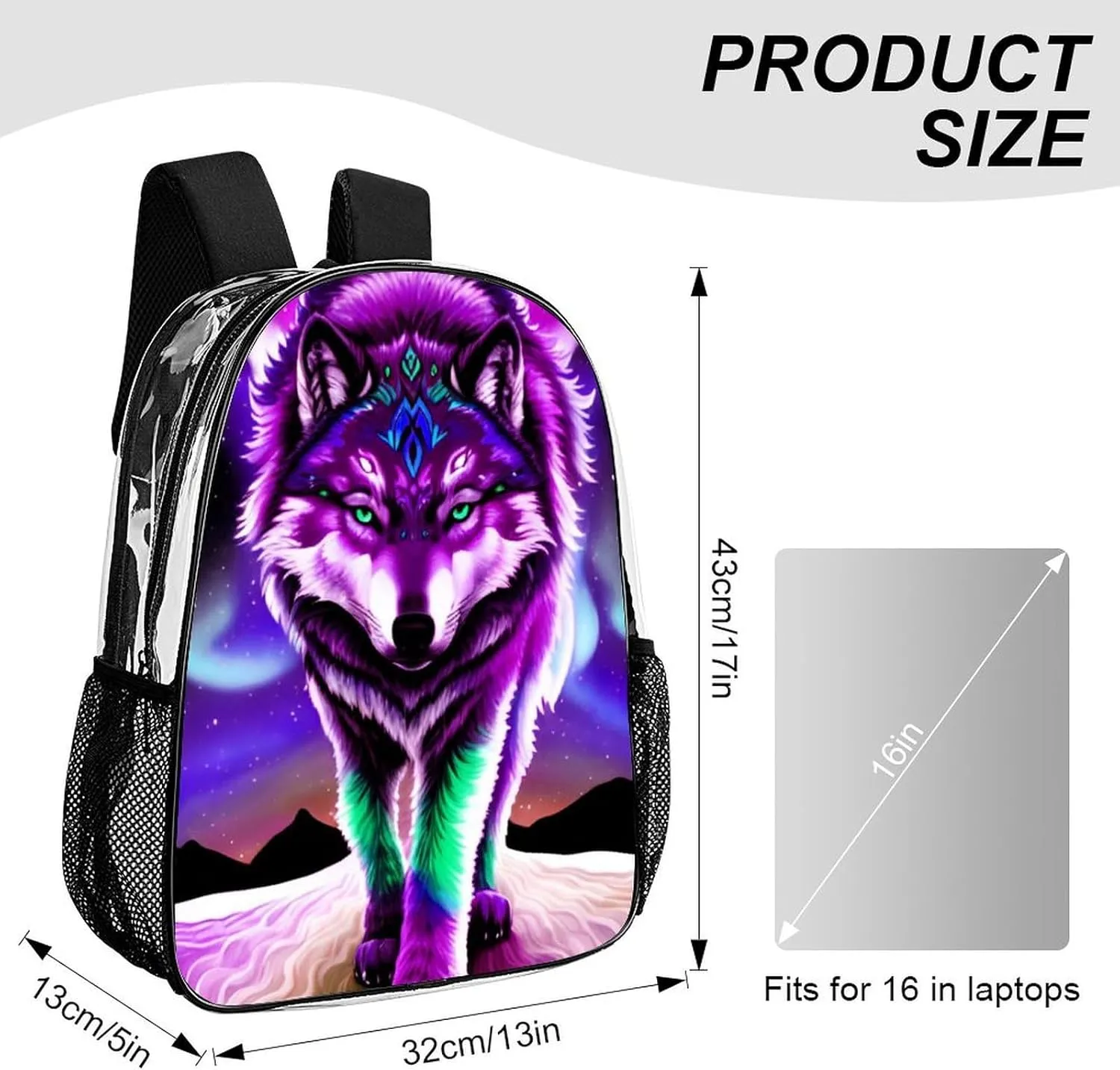 Lightweight Daypack for Camping Business Walking Cycling - Large Capacity Transparent Multipurpose Bookbag, Mountain And Northern Light Wolves Psychedelic Art Gym Outdoor Hiking Backpack