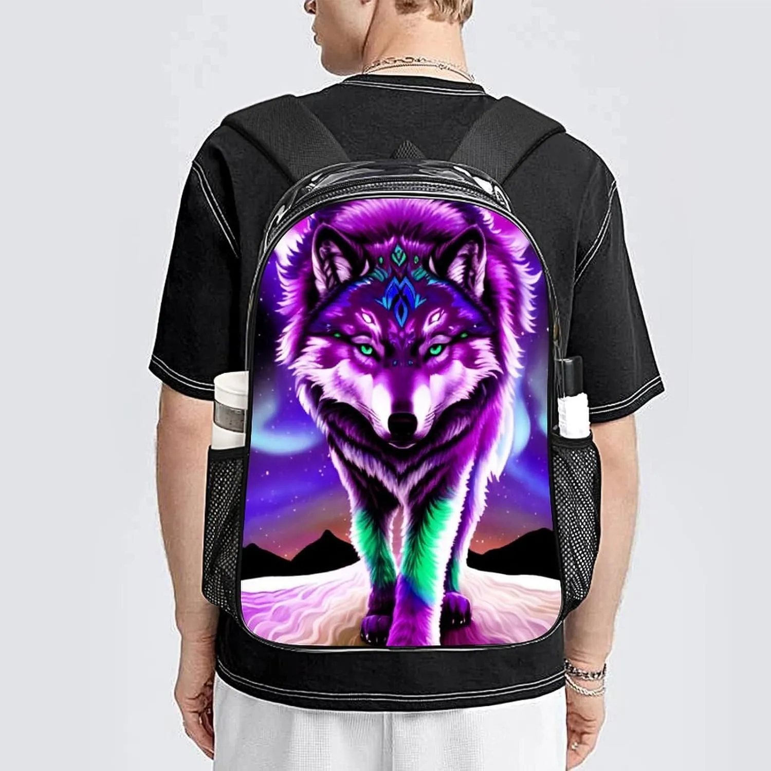 Lightweight Daypack for Camping Business Walking Cycling - Large Capacity Transparent Multipurpose Bookbag, Mountain And Northern Light Wolves Psychedelic Art Gym Outdoor Hiking Backpack