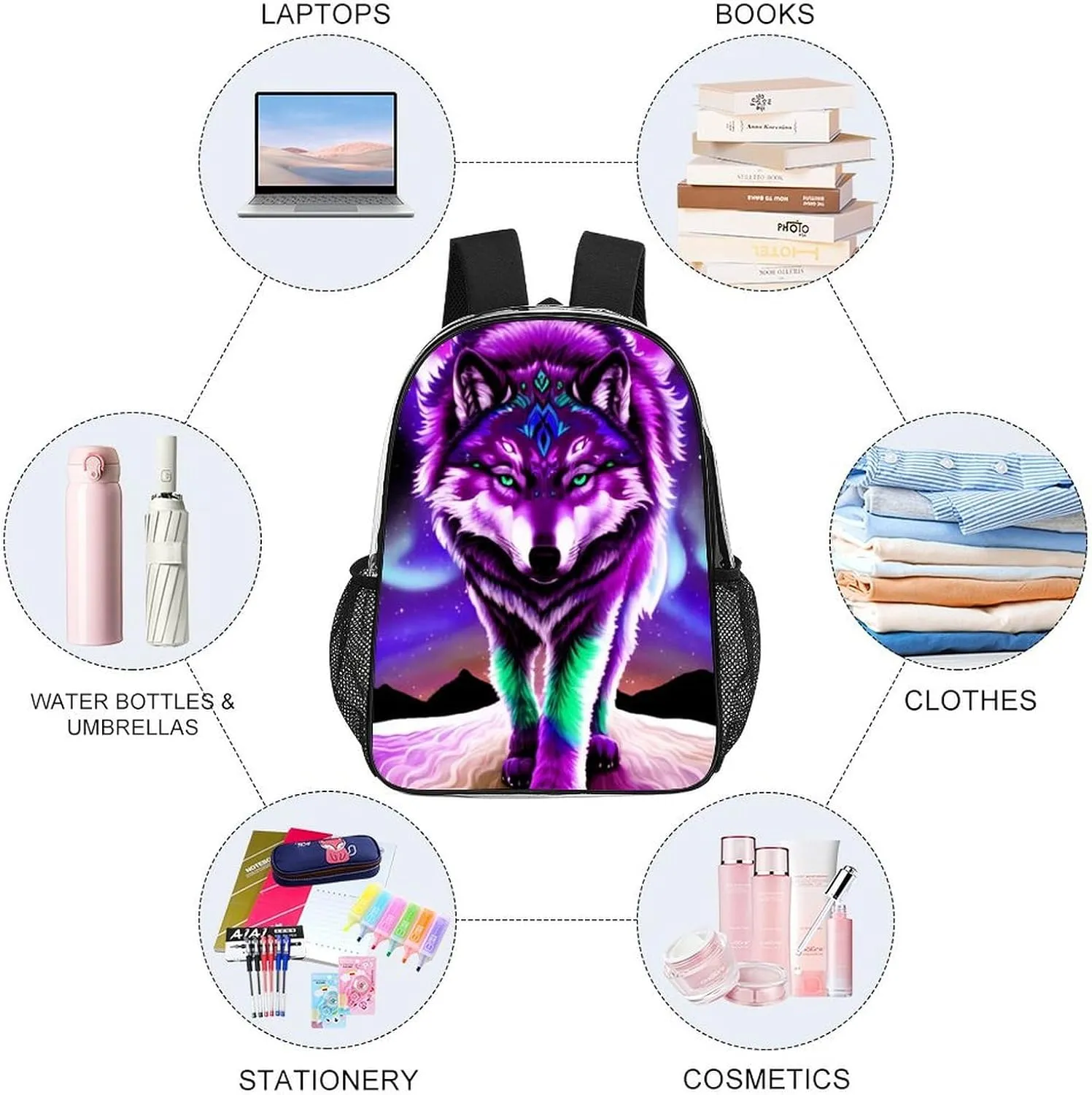 Lightweight Daypack for Camping Business Walking Cycling - Large Capacity Transparent Multipurpose Bookbag, Mountain And Northern Light Wolves Psychedelic Art Gym Outdoor Hiking Backpack