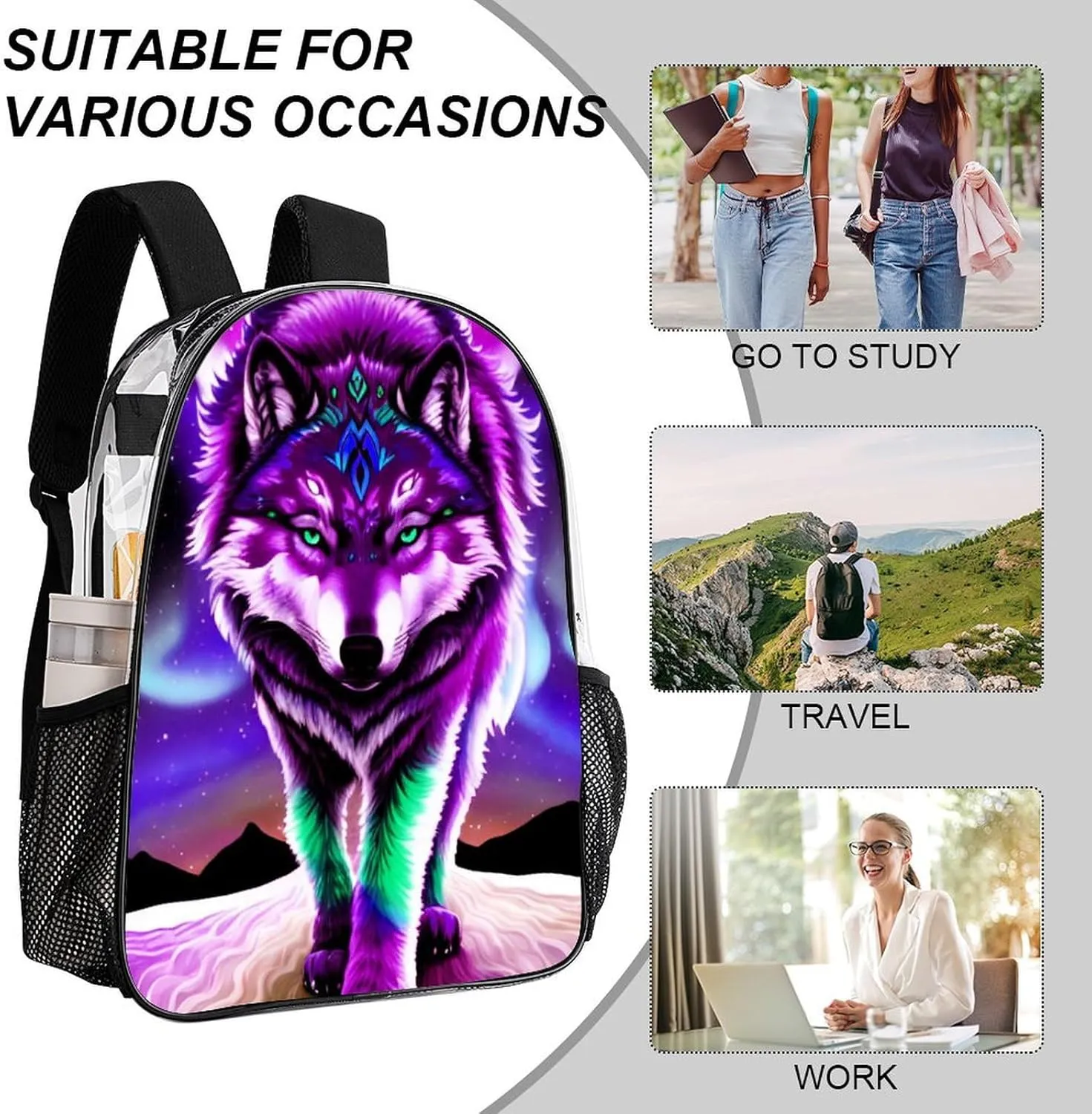 Lightweight Daypack for Camping Business Walking Cycling - Large Capacity Transparent Multipurpose Bookbag, Mountain And Northern Light Wolves Psychedelic Art Gym Outdoor Hiking Backpack