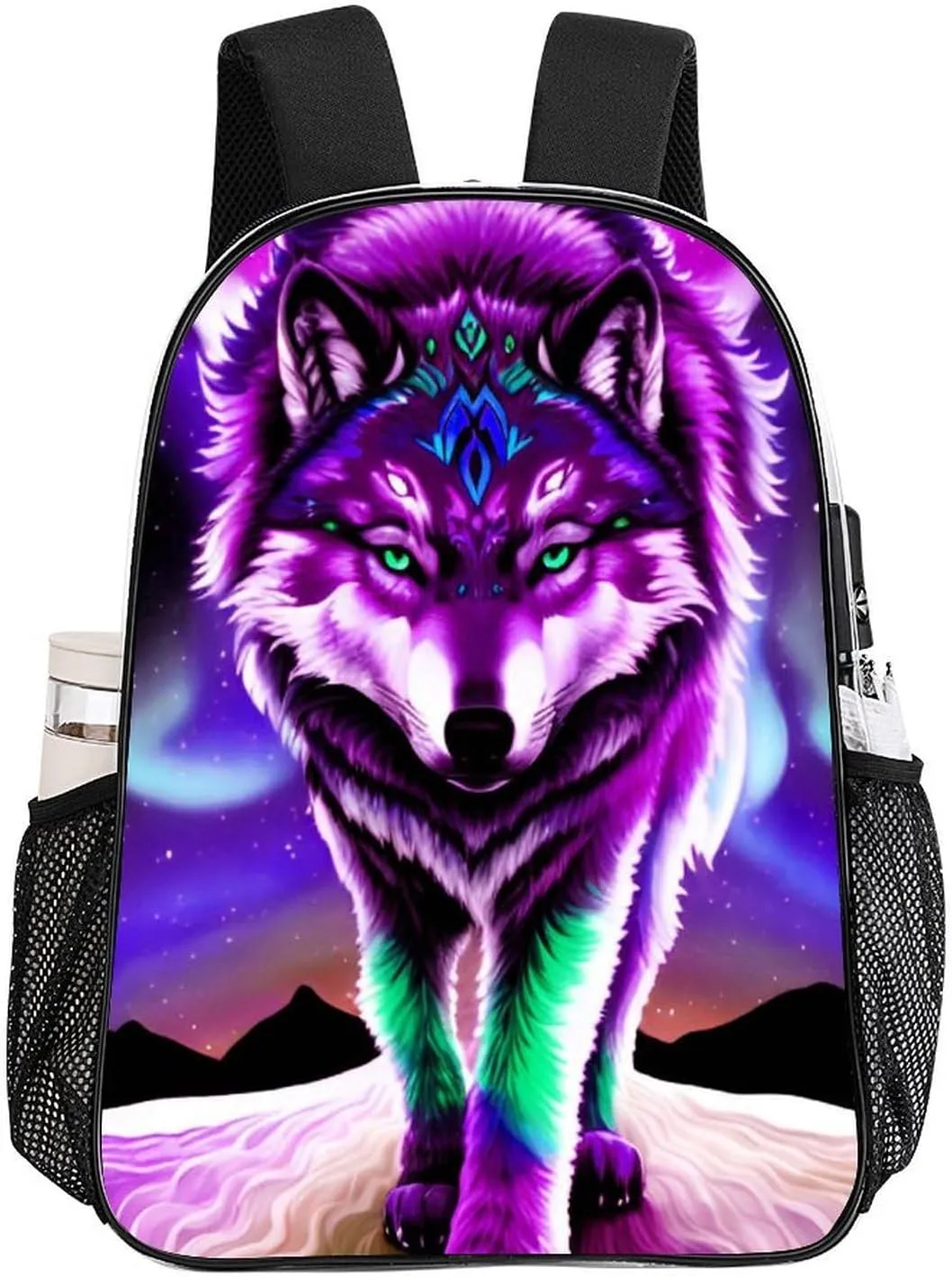 Lightweight Daypack for Camping Business Walking Cycling - Large Capacity Transparent Multipurpose Bookbag, Mountain And Northern Light Wolves Psychedelic Art Gym Outdoor Hiking Backpack