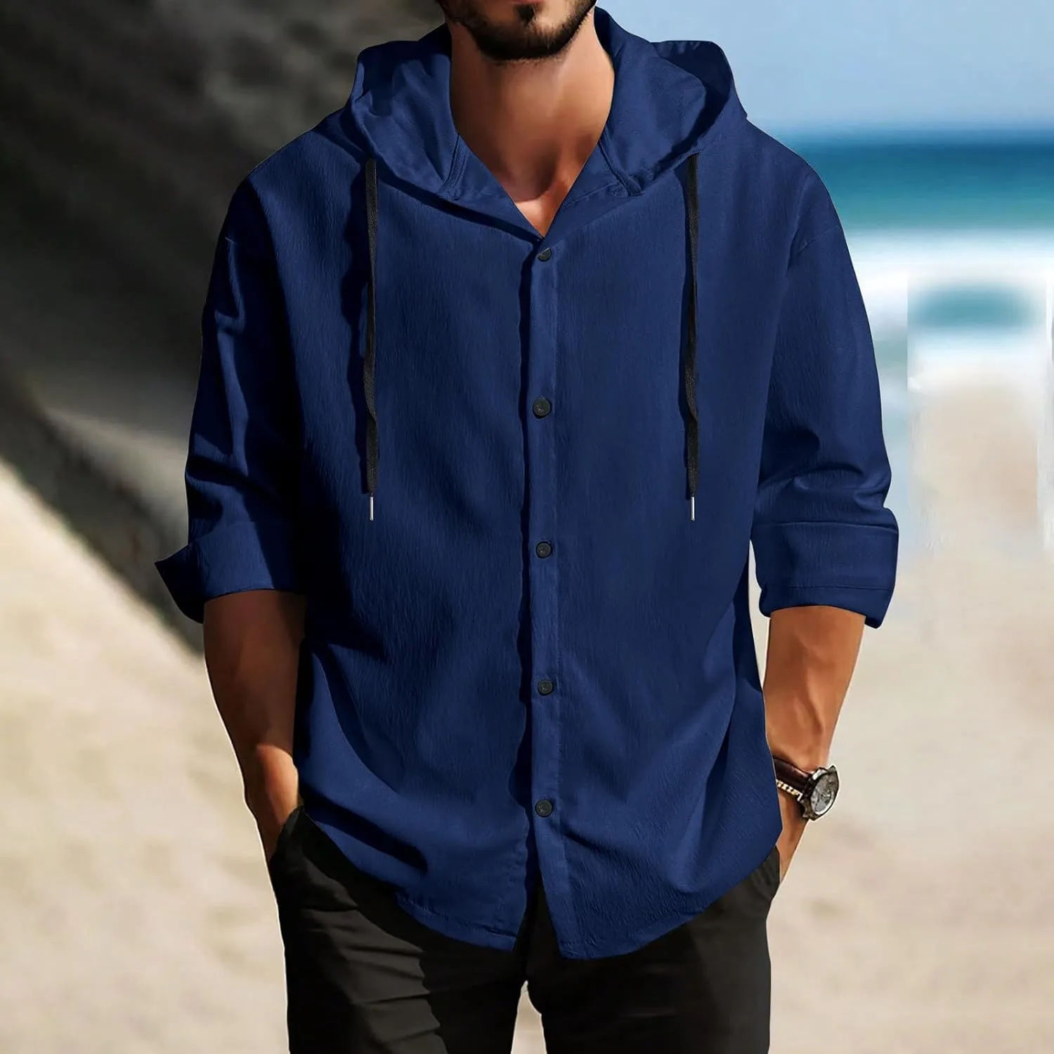 Lightweight Hooded Shirts for Men Roll Up Long Sleeve Casual Buttton Down Drawstring Hoodies Beach Yoga T Shirts