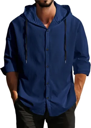 Lightweight Hooded Shirts for Men Roll Up Long Sleeve Casual Buttton Down Drawstring Hoodies Beach Yoga T Shirts