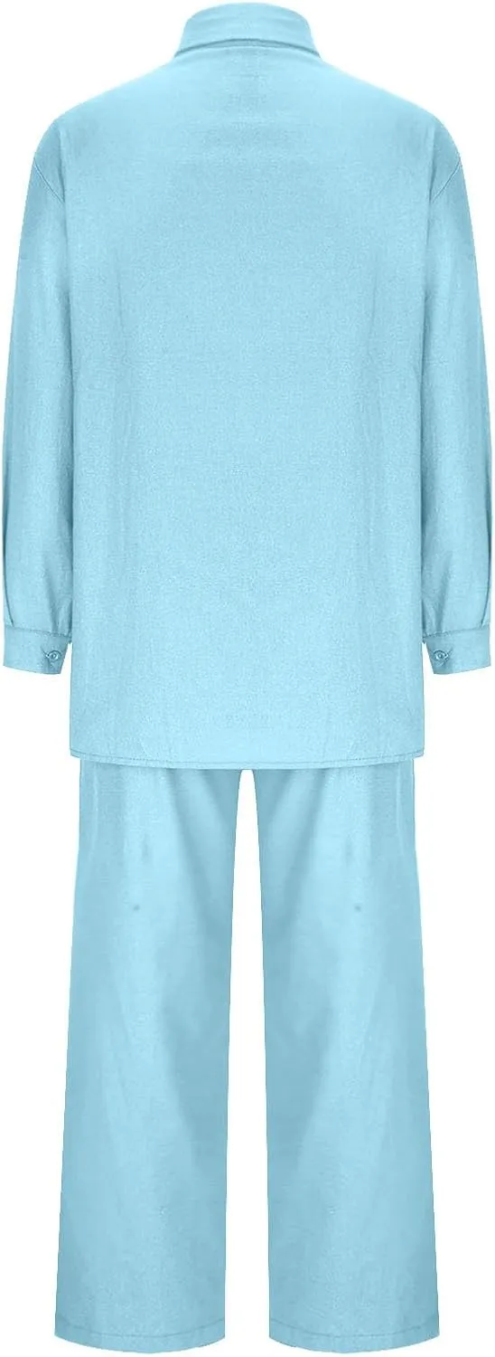 Linen 2 Piece Sets For Women Summer 2024 Loose Long Sleeve Shirts Wide Leg Pant Matching Set Plus Size Vacation Outfits
