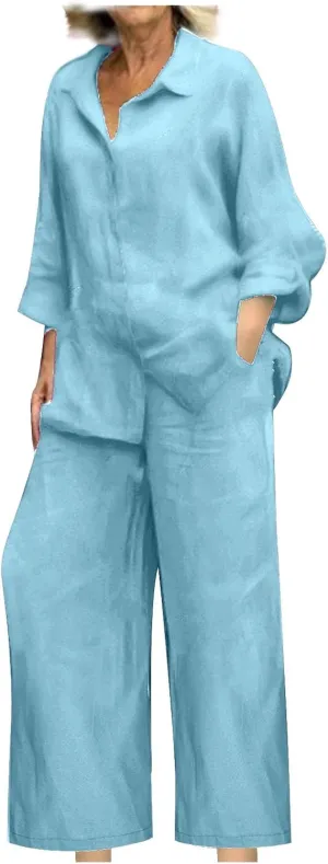 Linen 2 Piece Sets For Women Summer 2024 Loose Long Sleeve Shirts Wide Leg Pant Matching Set Plus Size Vacation Outfits