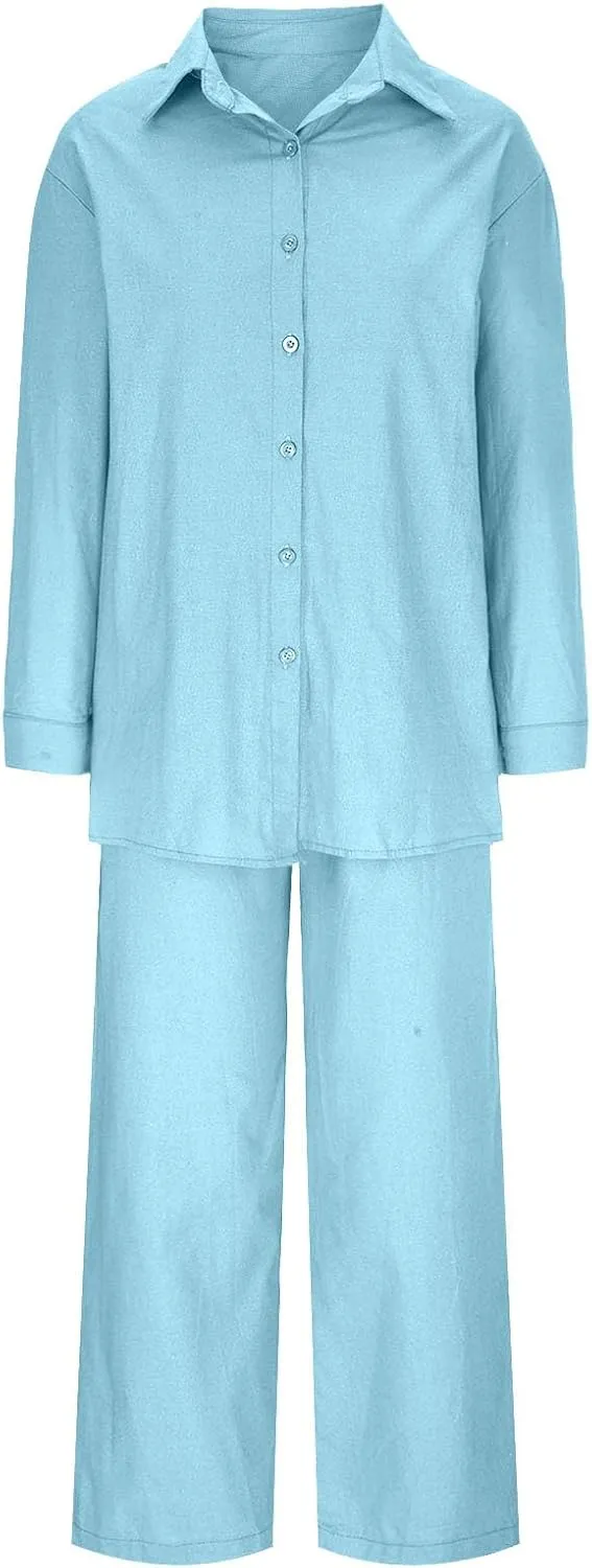 Linen 2 Piece Sets For Women Summer 2024 Loose Long Sleeve Shirts Wide Leg Pant Matching Set Plus Size Vacation Outfits