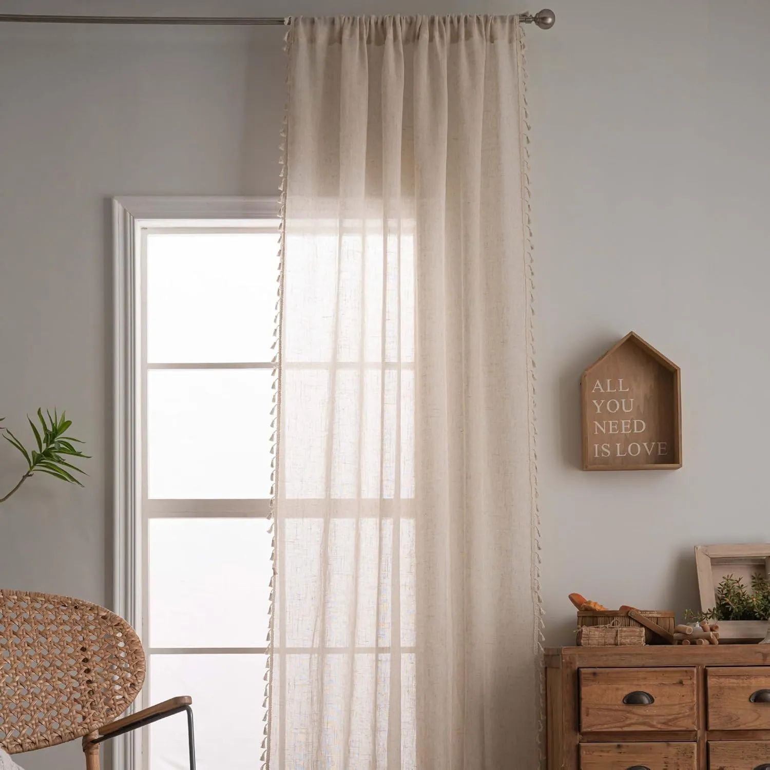 Linen Cafe Curtains 36 inch Length 2 Panel - Solid Pattern Short Drapes,Tassel, Rod Pocket,Sheer,Privacy,Neutral,Antique Window Panels,Living Room,Bedroom,Dining Room,Linen Color